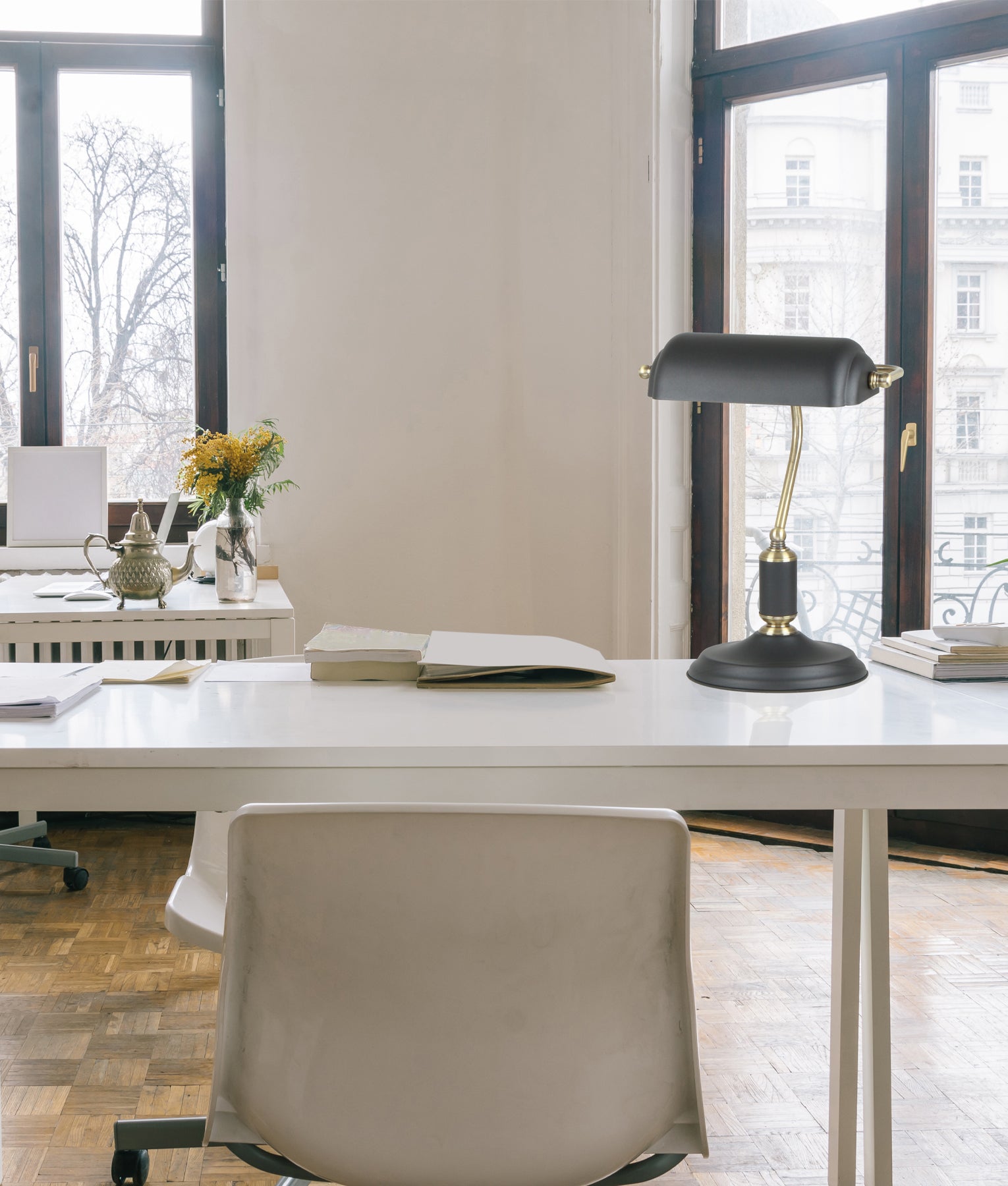 Interior Banker Lamps with Antique Brass Highlight