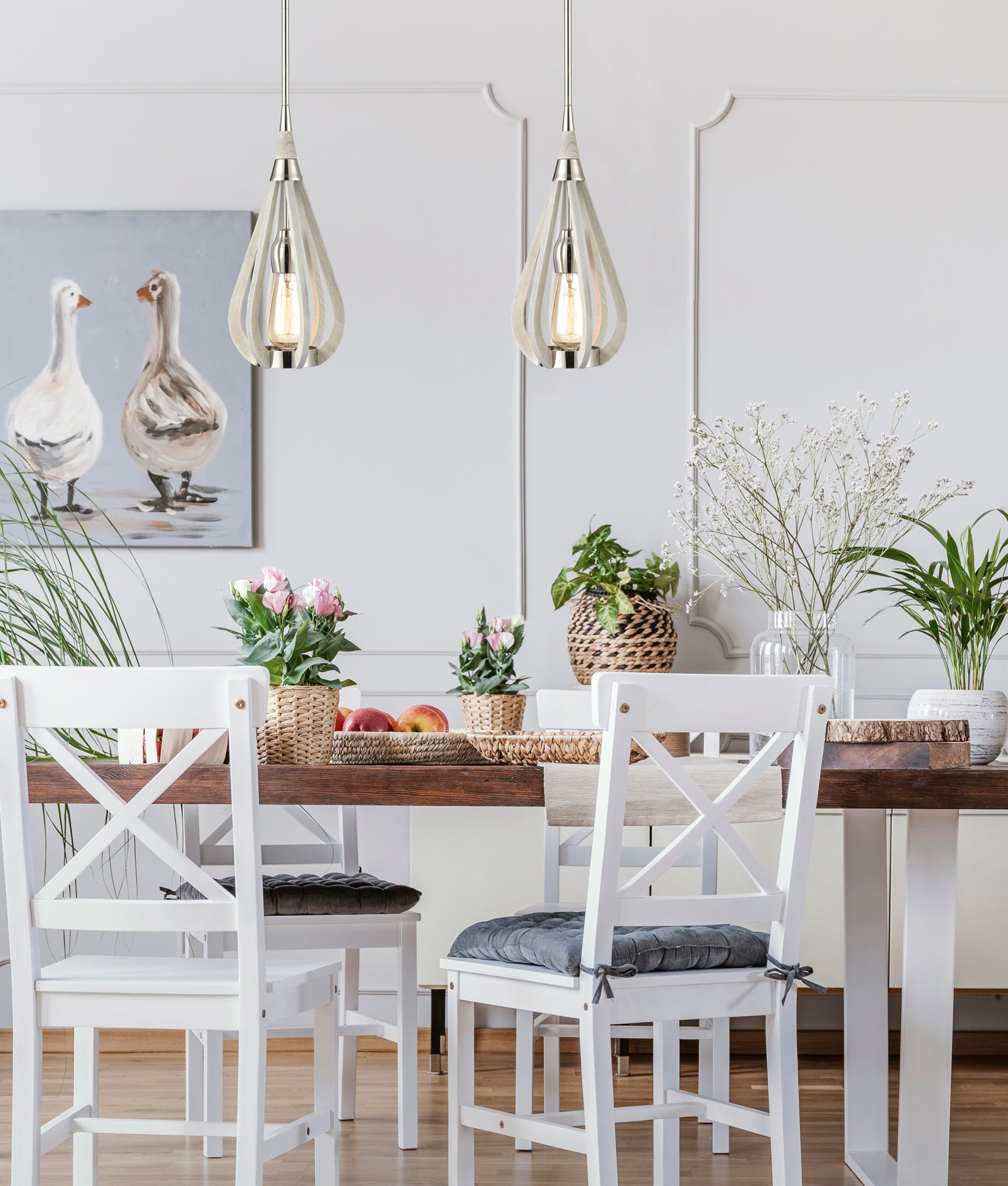 Modern Rustic Taupe / Winter Moss Wood Tear Drop Pendant Light (small)