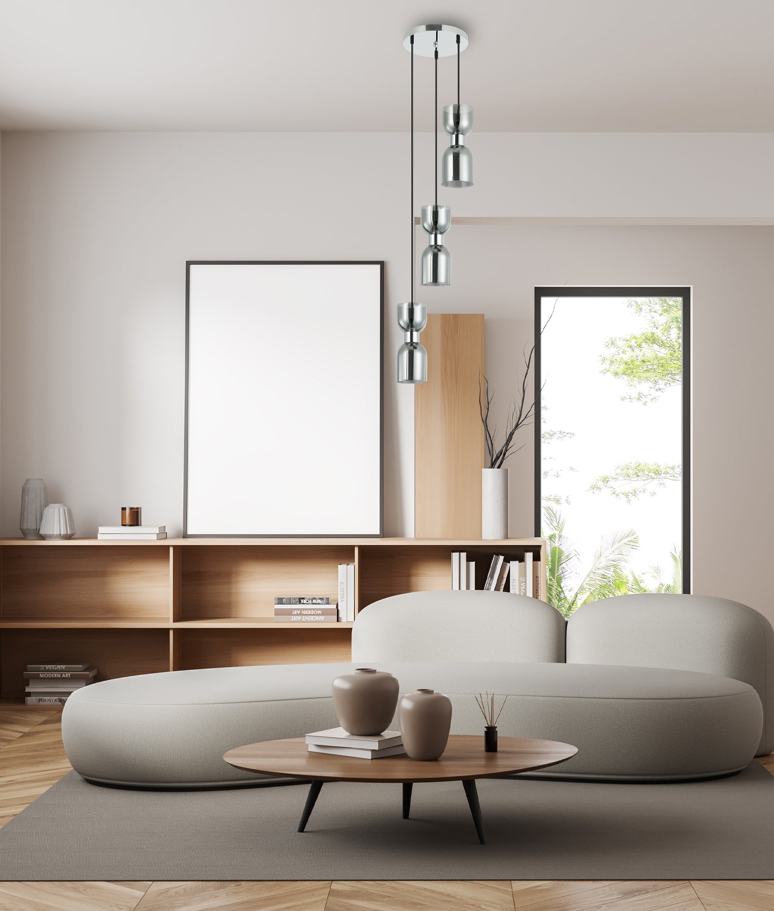 Modern Ellipse Smokey Black Mirror Finish / Opal Glass Round Base Multiple Pendant Lights