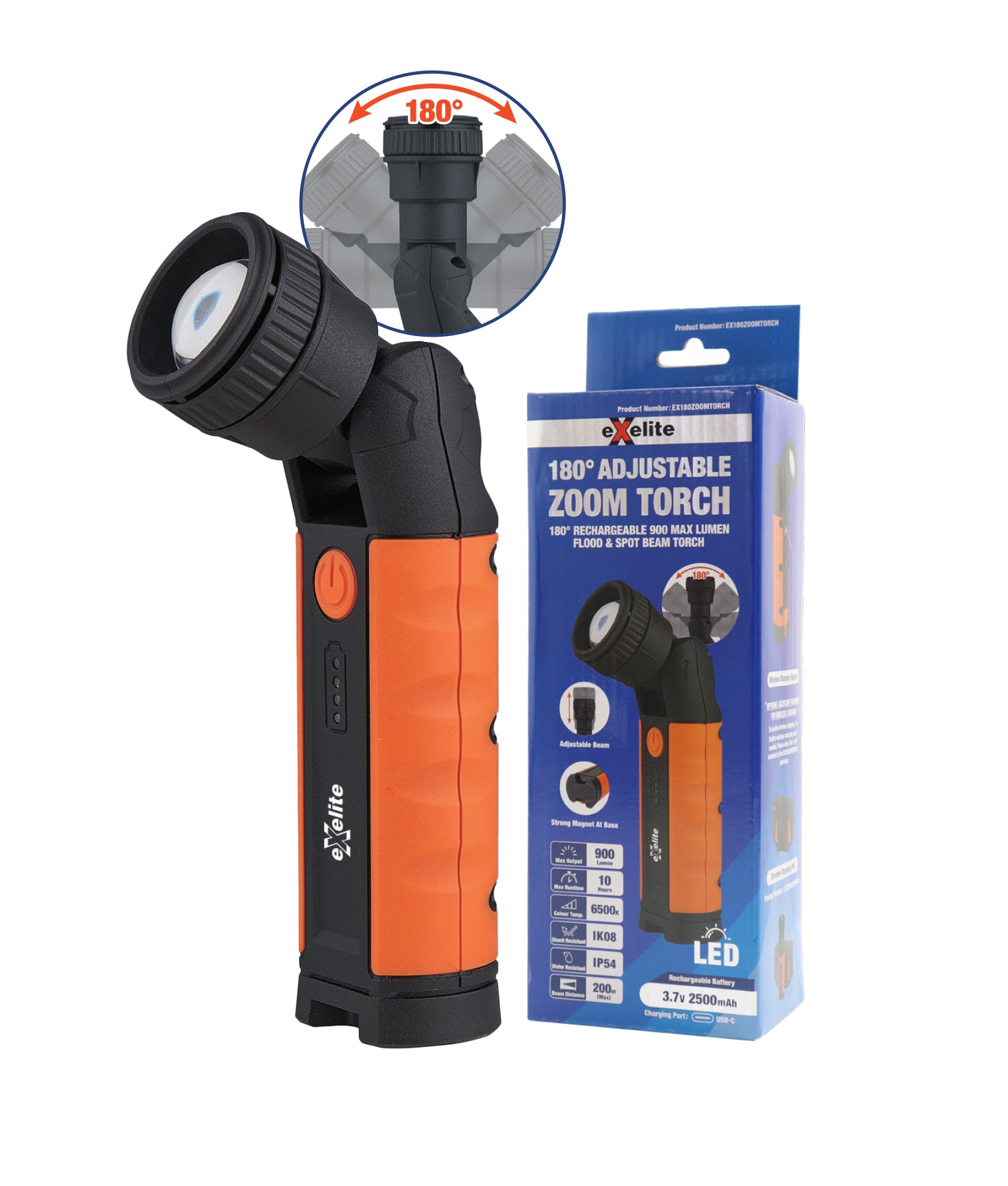 Adjustable LED Rechargeable Max 900LM Flood & Spot Beam Torch IP54 IK08