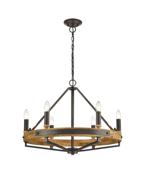 Retro Candelabra 6-Light Natural Wood with Oil Rubbed Bronze Hardware Pendant Light