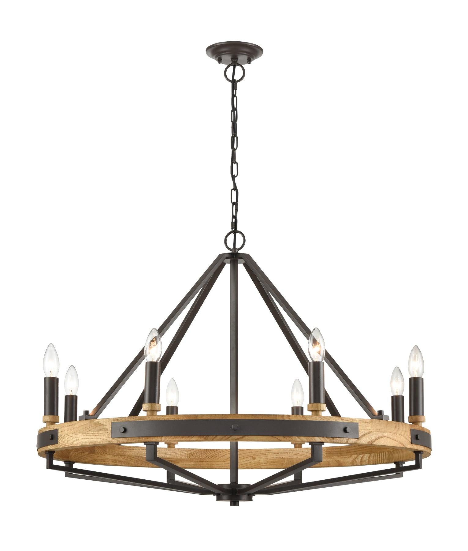 Retro Candelabra 8-Light Natural Wood with Oil Rubbed Bronze Hardware Pendant Light