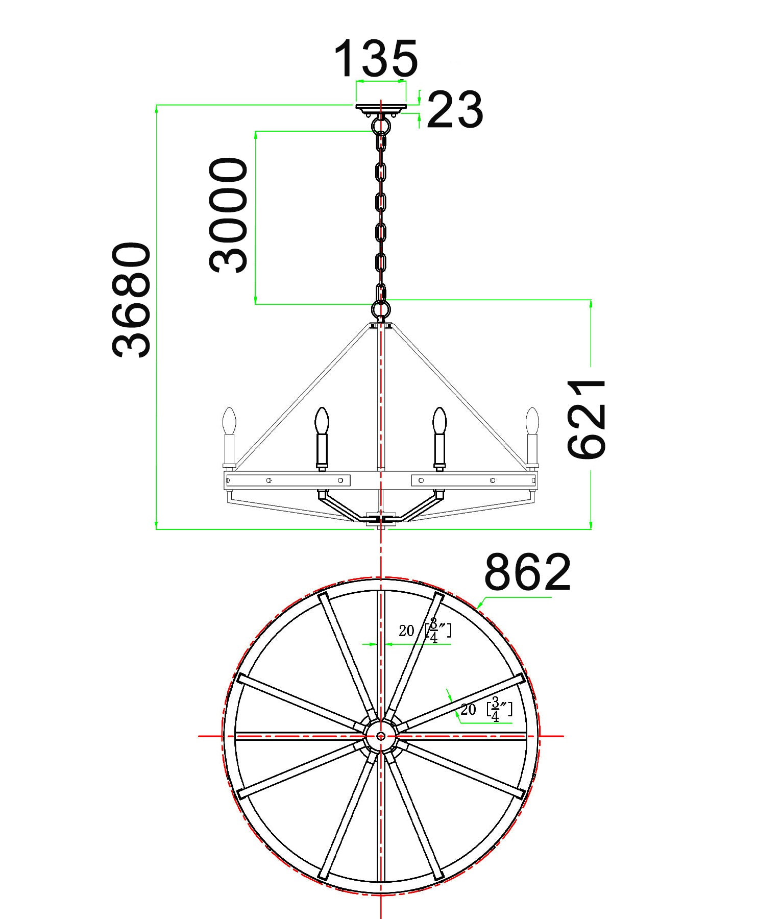 Retro Candelabra 8-Light Natural Wood with Oil Rubbed Bronze Hardware Pendant Light