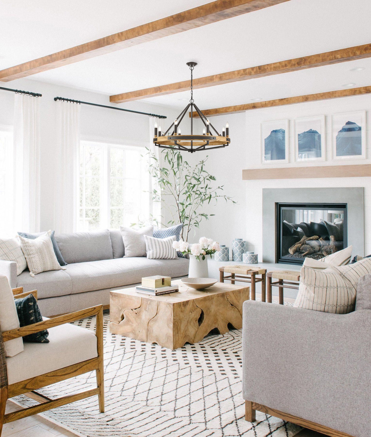 Retro Candelabra 8-Light Natural Wood with Oil Rubbed Bronze Hardware Pendant Light