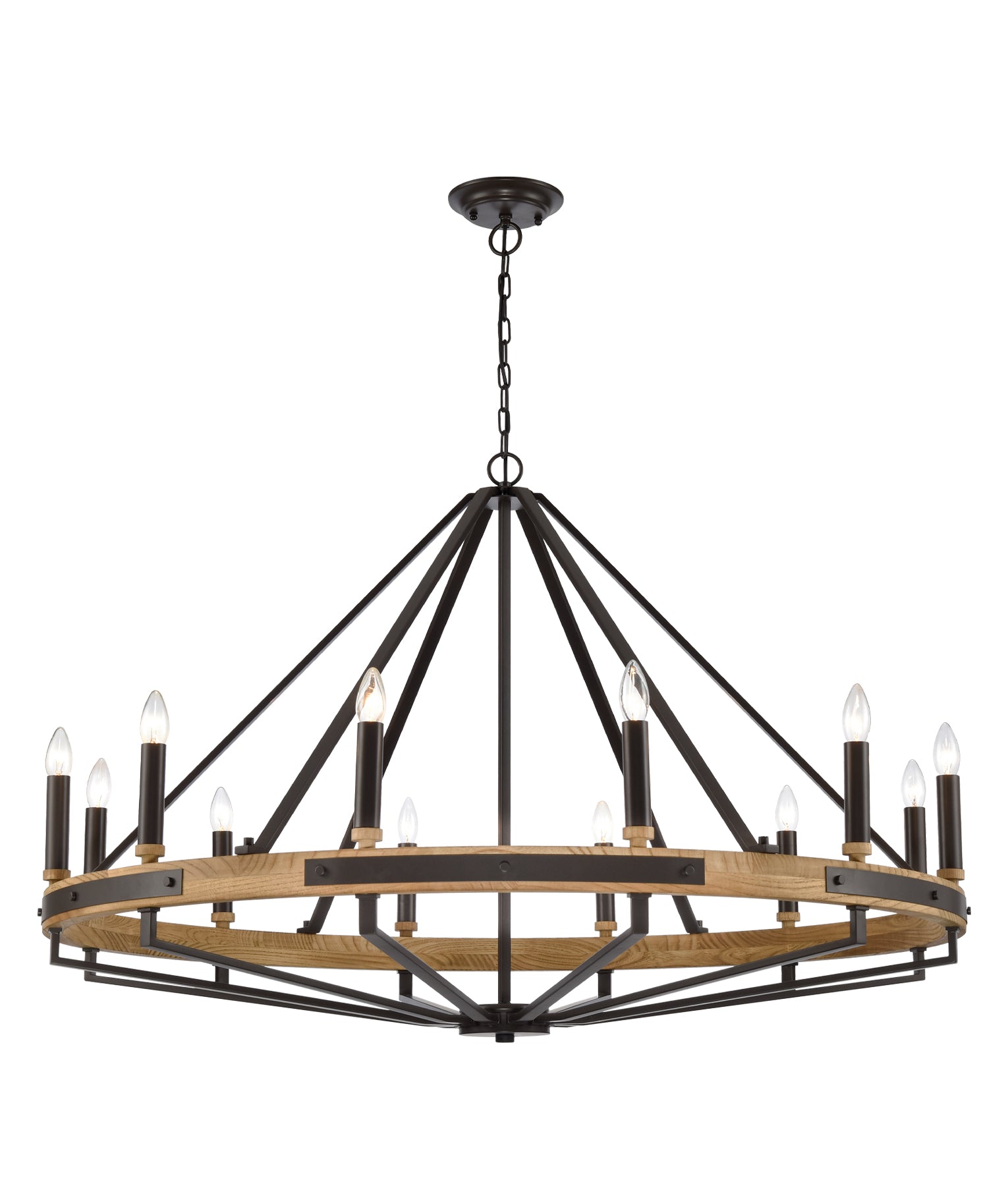 Retro Candelabra 12-Light Natural Wood with Oil Rubbed Bronze Hardware Pendant Light