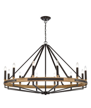 Retro Candelabra 12-Light Natural Wood with Oil Rubbed Bronze Hardware Pendant Light