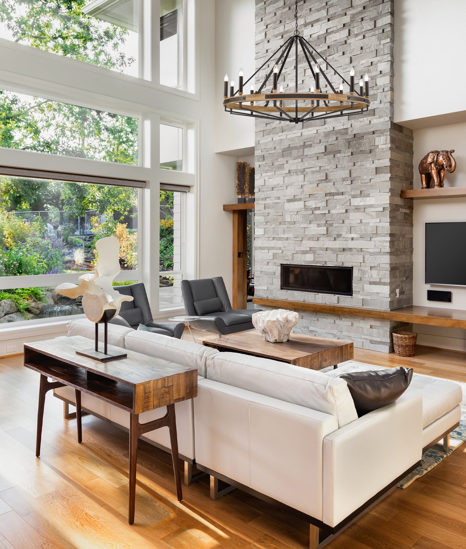 Retro Candelabra 12-Light Natural Wood with Oil Rubbed Bronze Hardware Pendant Light