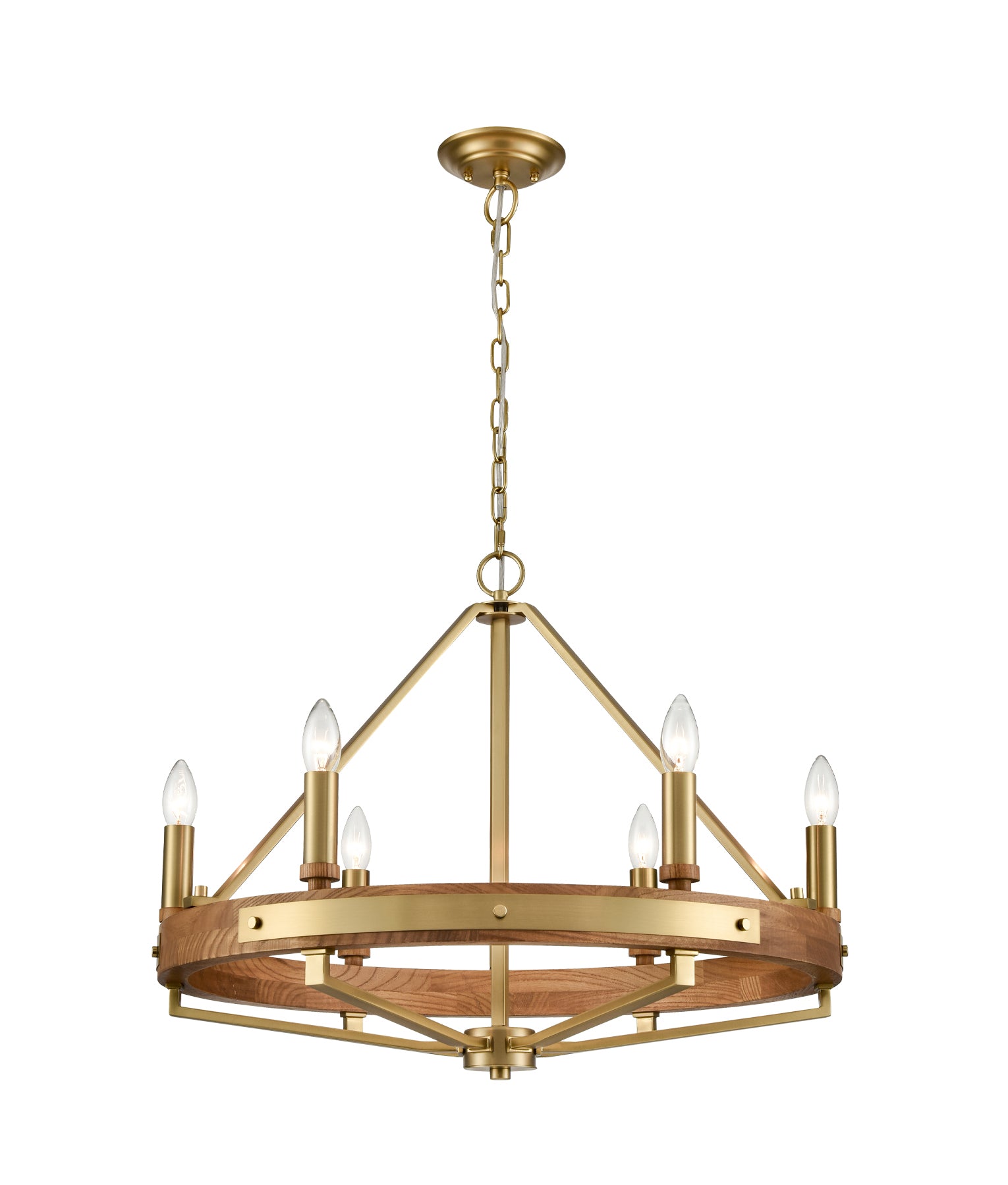 Interior Candelabra 6-Light Oak Wood with Satin Brass Hardware Pendant Light