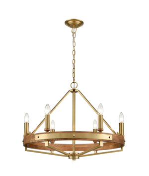 Interior Candelabra 6-Light Oak Wood with Satin Brass Hardware Pendant Light