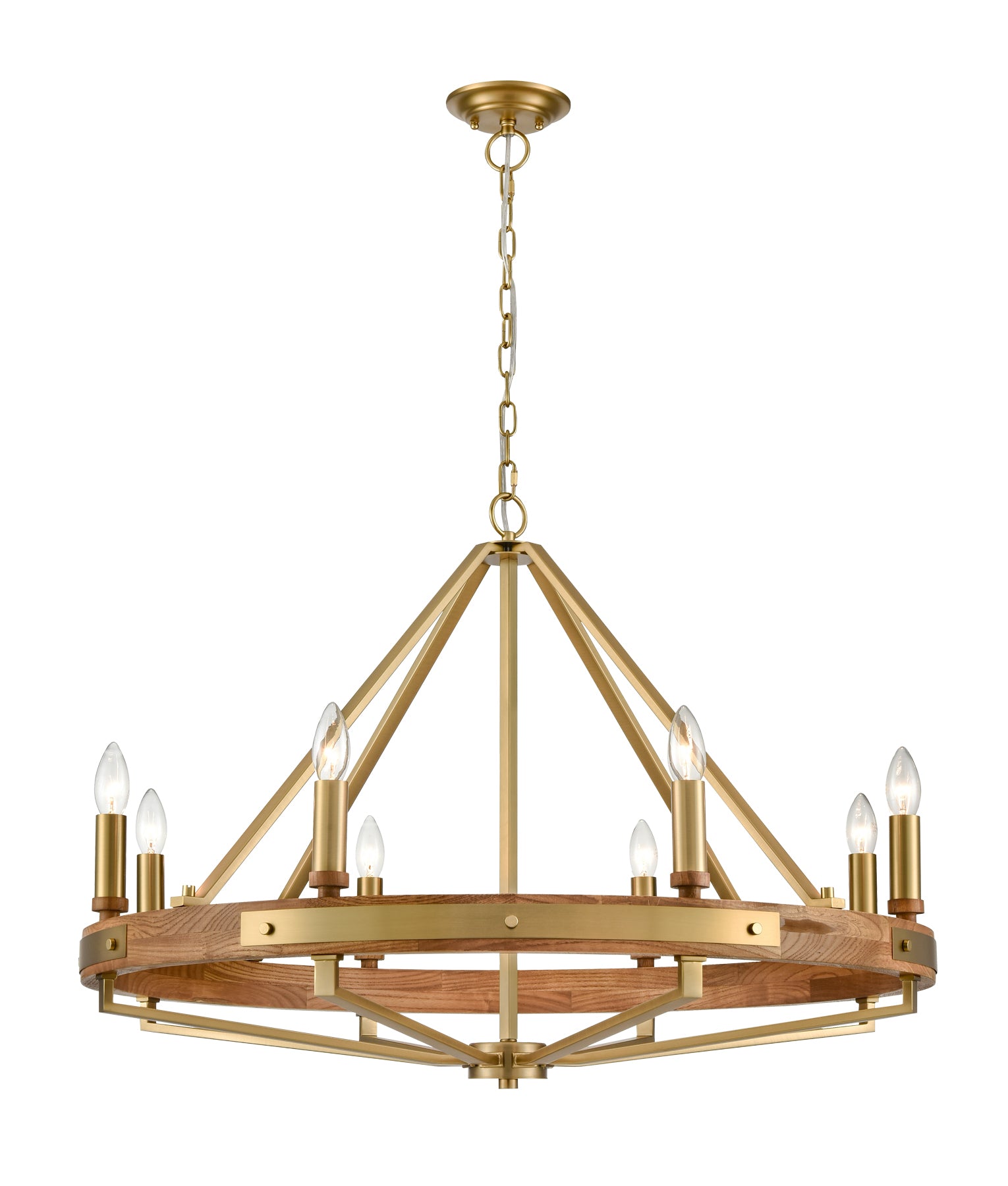 Interior Candelabra 8-Light Oak Wood with Satin Brass Hardware Pendant Light