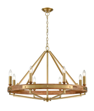 Interior Candelabra 8-Light Oak Wood with Satin Brass Hardware Pendant Light