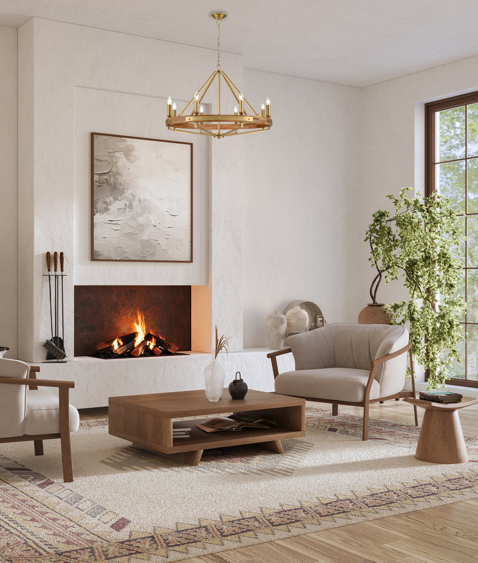 Interior Candelabra 8-Light Oak Wood with Satin Brass Hardware Pendant Light