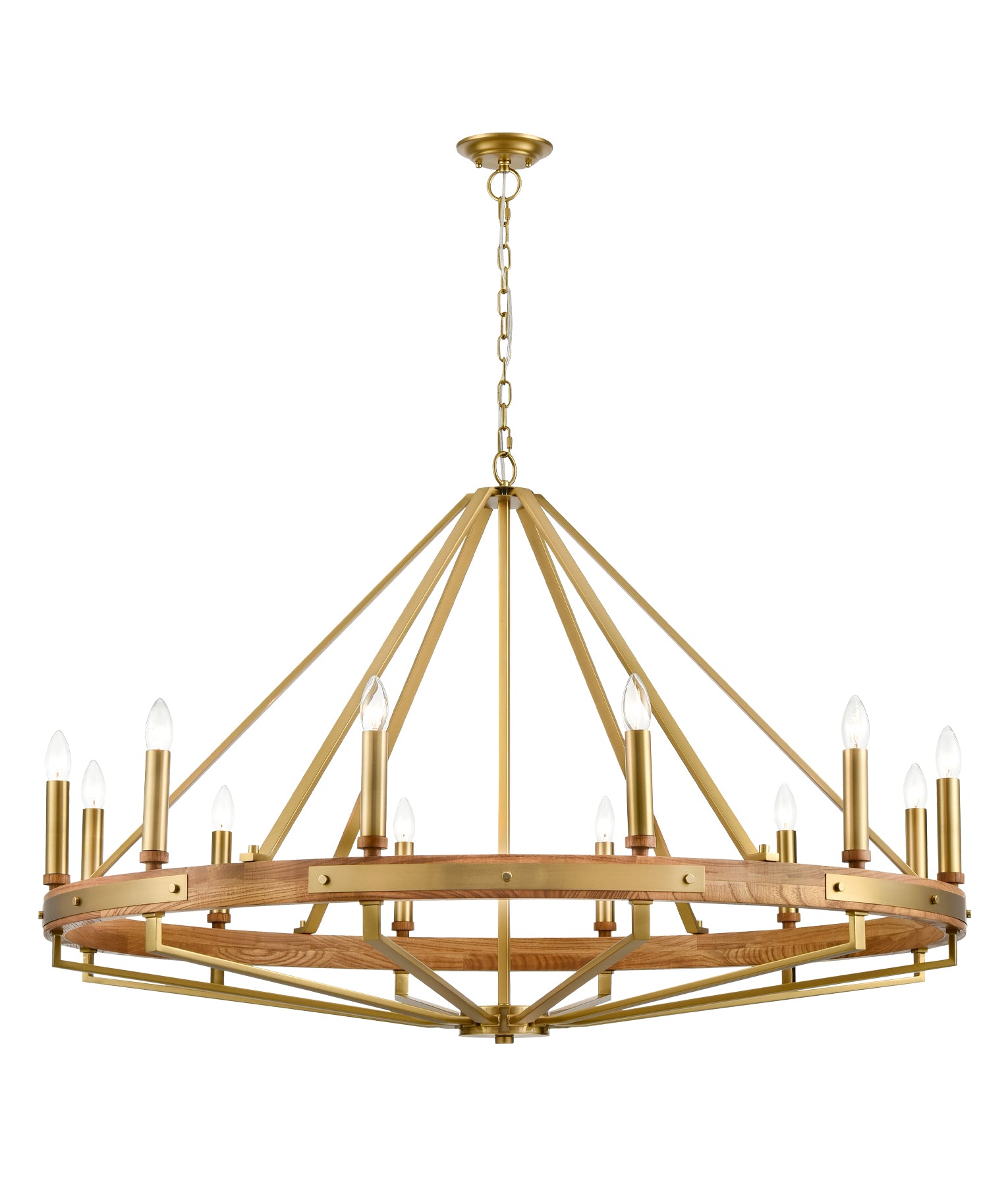 Interior Candelabra 12-Light Oak Wood with Satin Brass Hardware Pendant Light