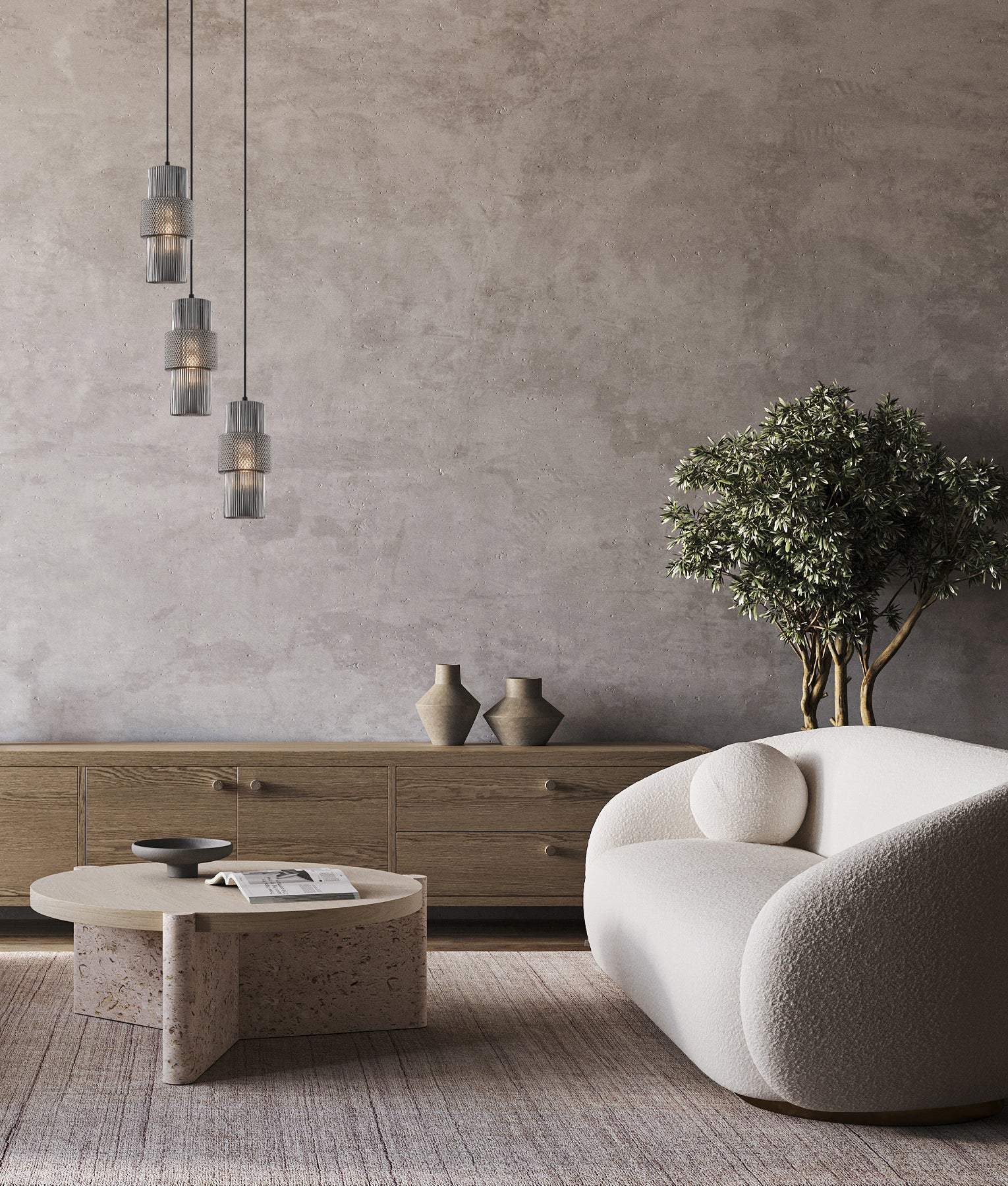 Modern Interior Double Cylinder Ribbed with Segment Glass Pendant Lights