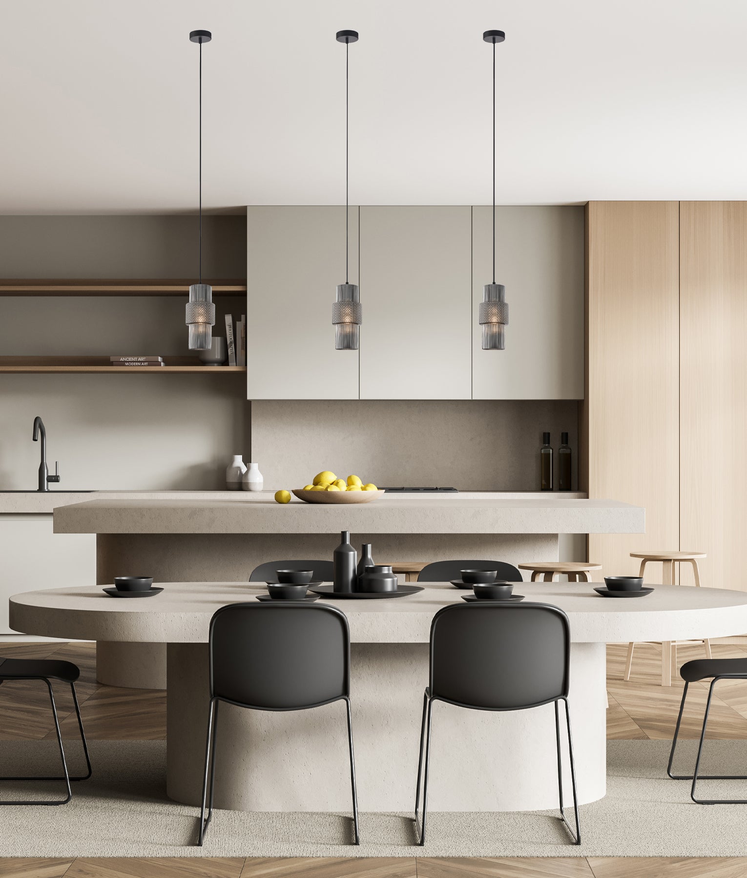 Modern Interior Double Cylinder Ribbed with Segment Glass Pendant Lights