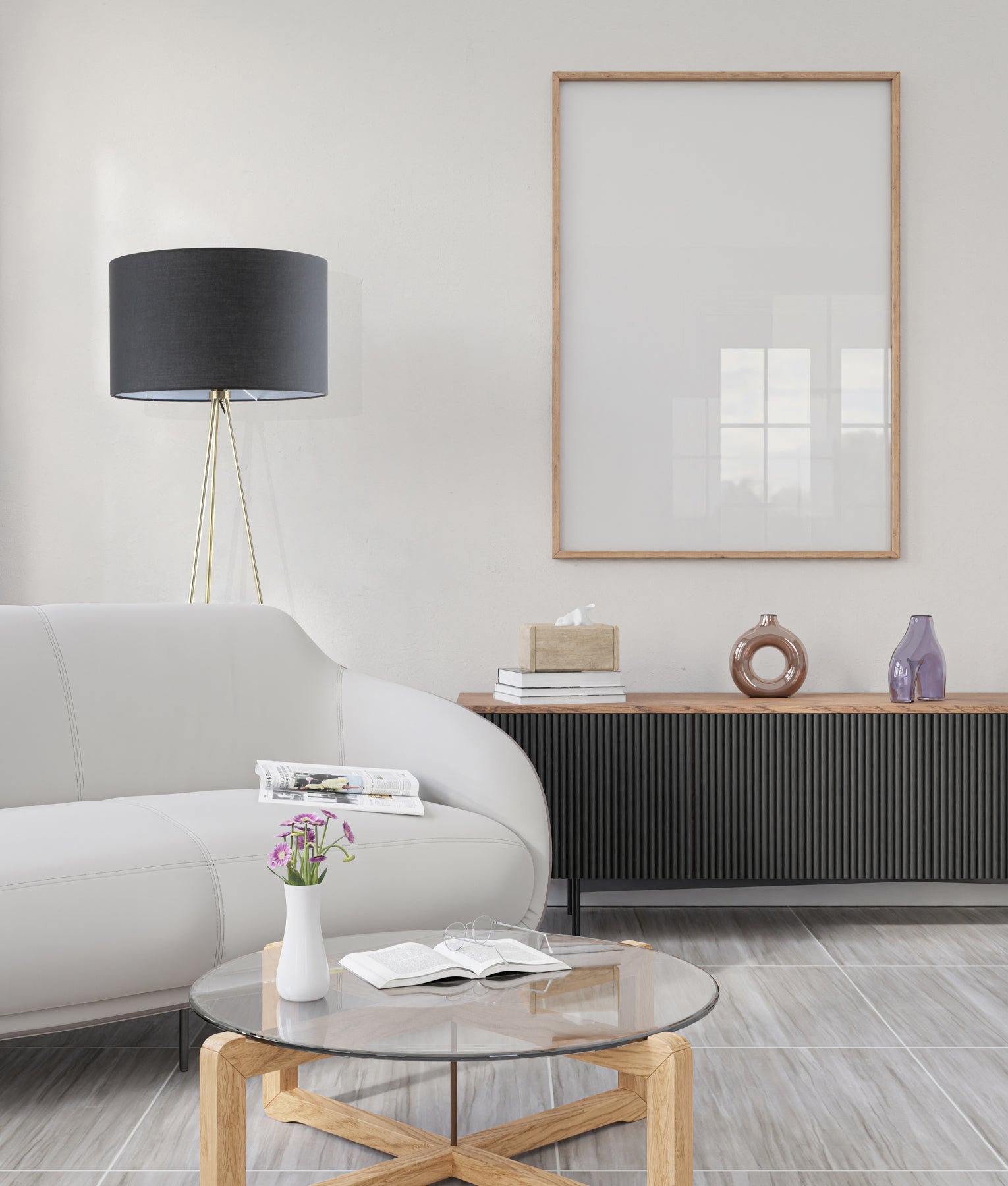 Modern Drum Shade with Antique Brass Tripod Floor Lamps