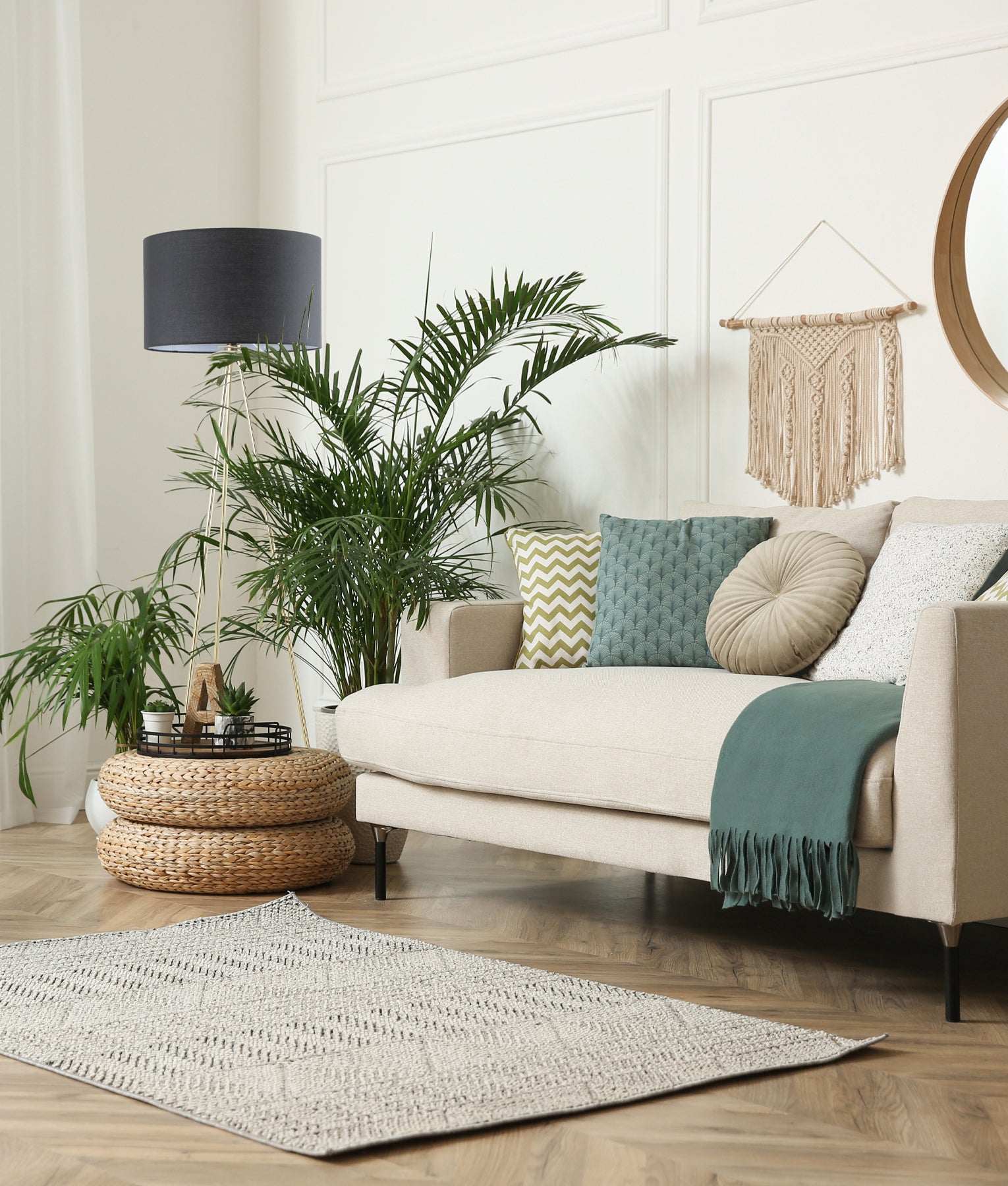 Modern Drum Shade with Antique Brass Tripod Floor Lamps