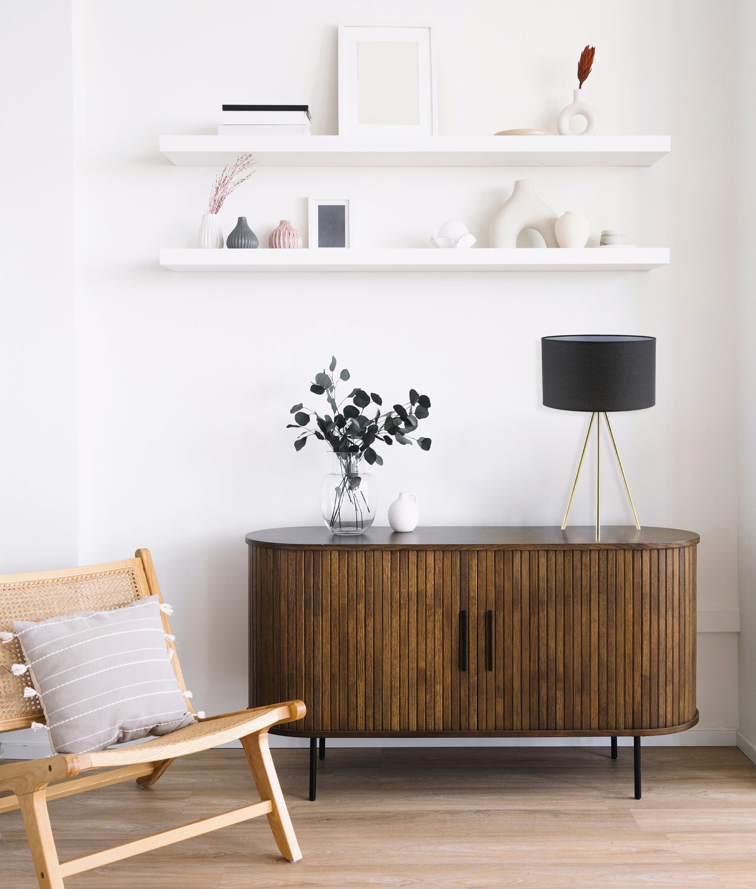 Modern Drum Shade with Antique Brass Tripod Table Lamps