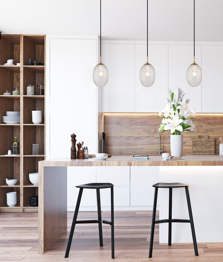 Interior Ellipse Glass Segmented with Brass Highlight Enclosed Pendant Lights