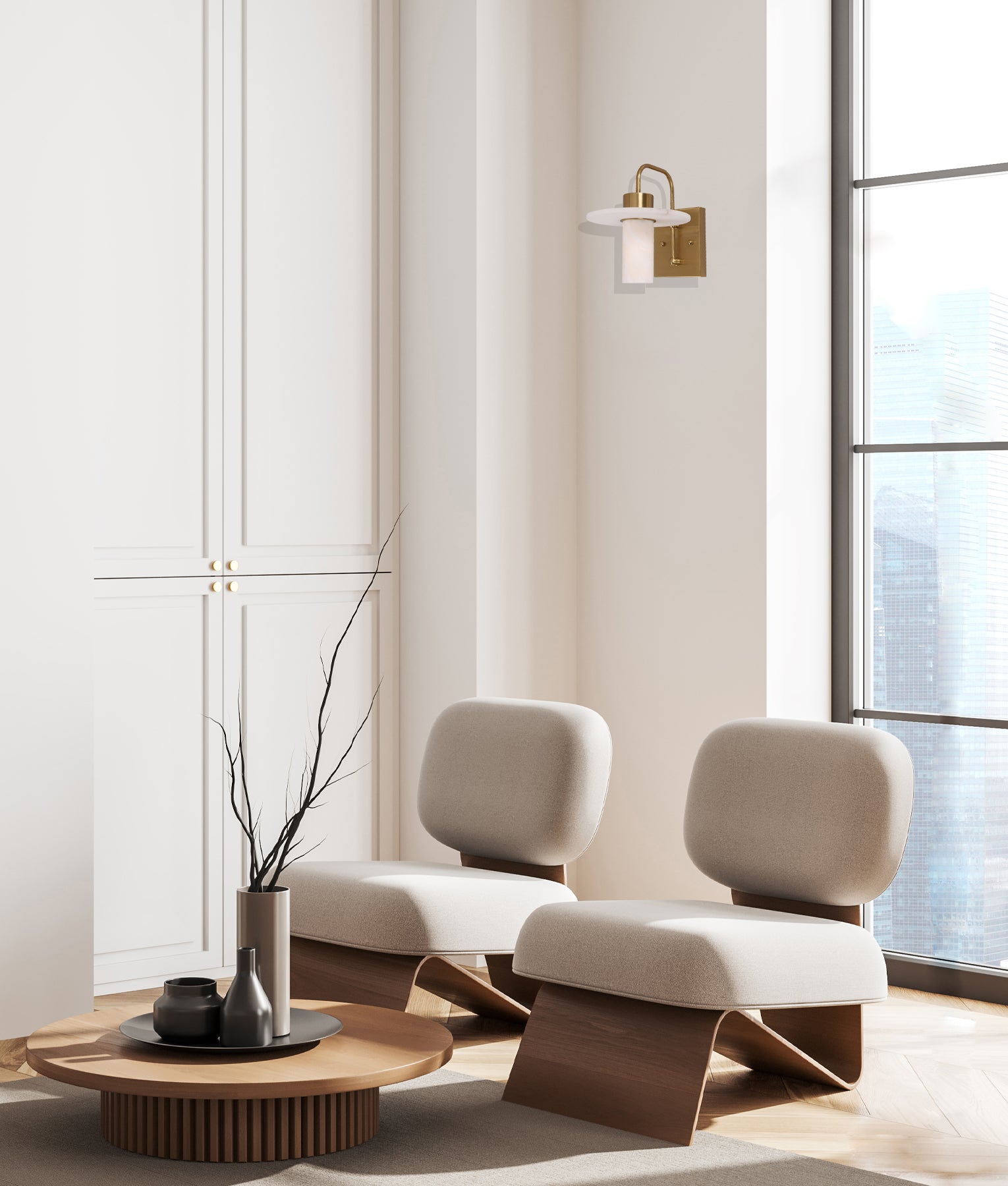 Luxury Interior Cylinder Round Hat Alabster Shade Brass Highlight Wall Light