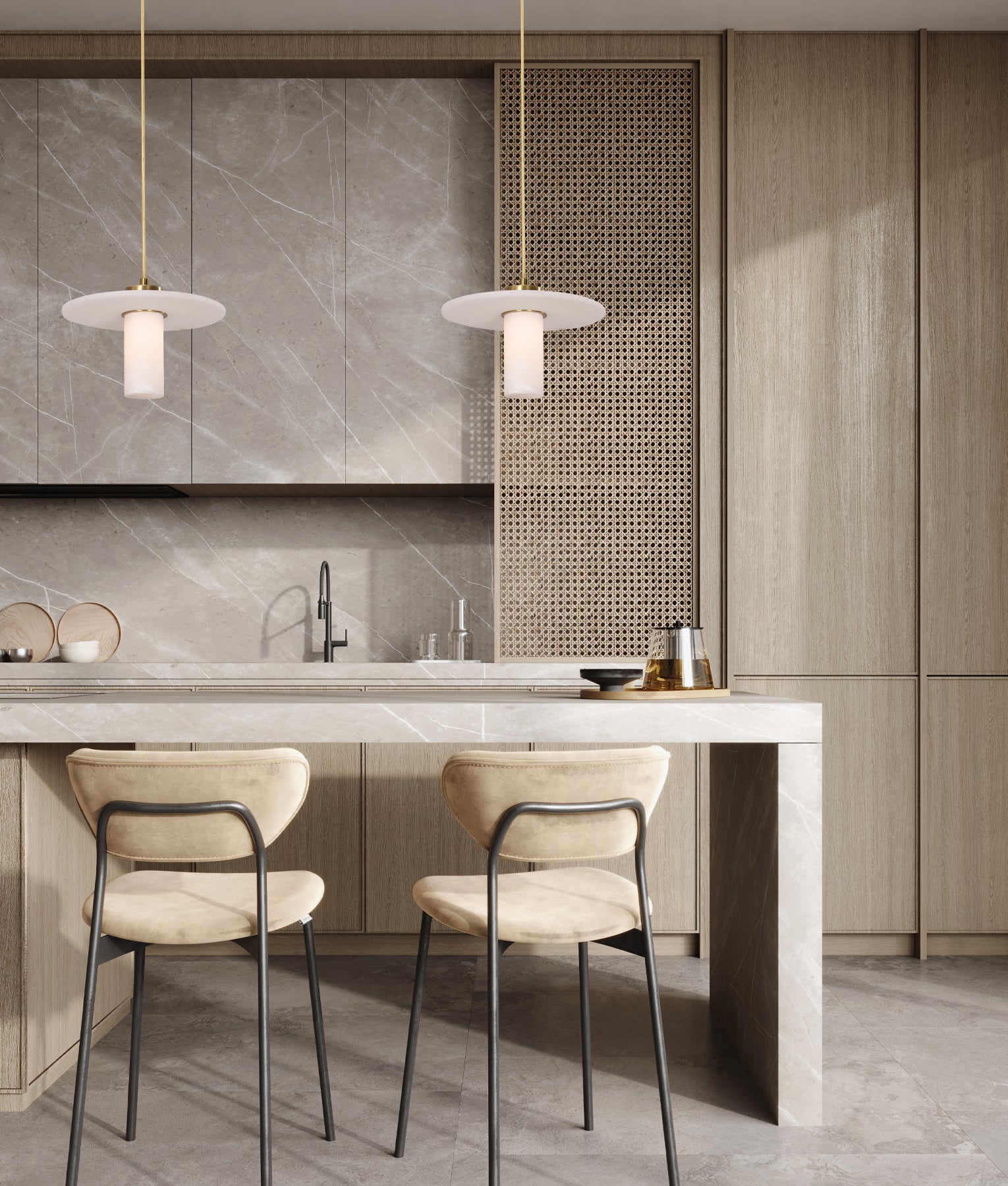 Luxury Interior Cylinder Round Hat Alabaster Shade Brass Highlight Pendant Light