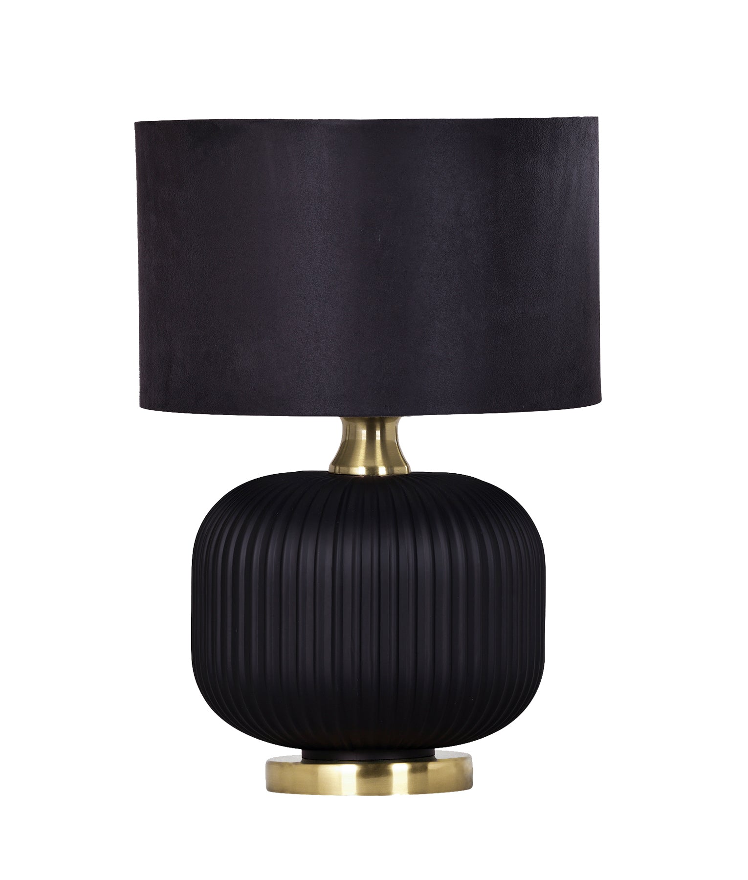 Modern Black Drum Shade Ceramic Base with Antique Brass Highlight Table Lamp
