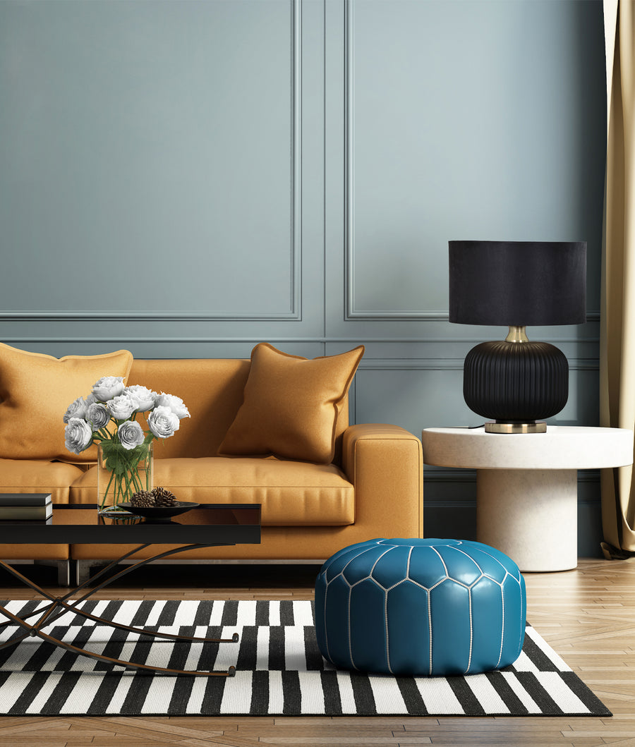 Modern Black Drum Shade Ceramic Base with Antique Brass Highlight Table Lamp