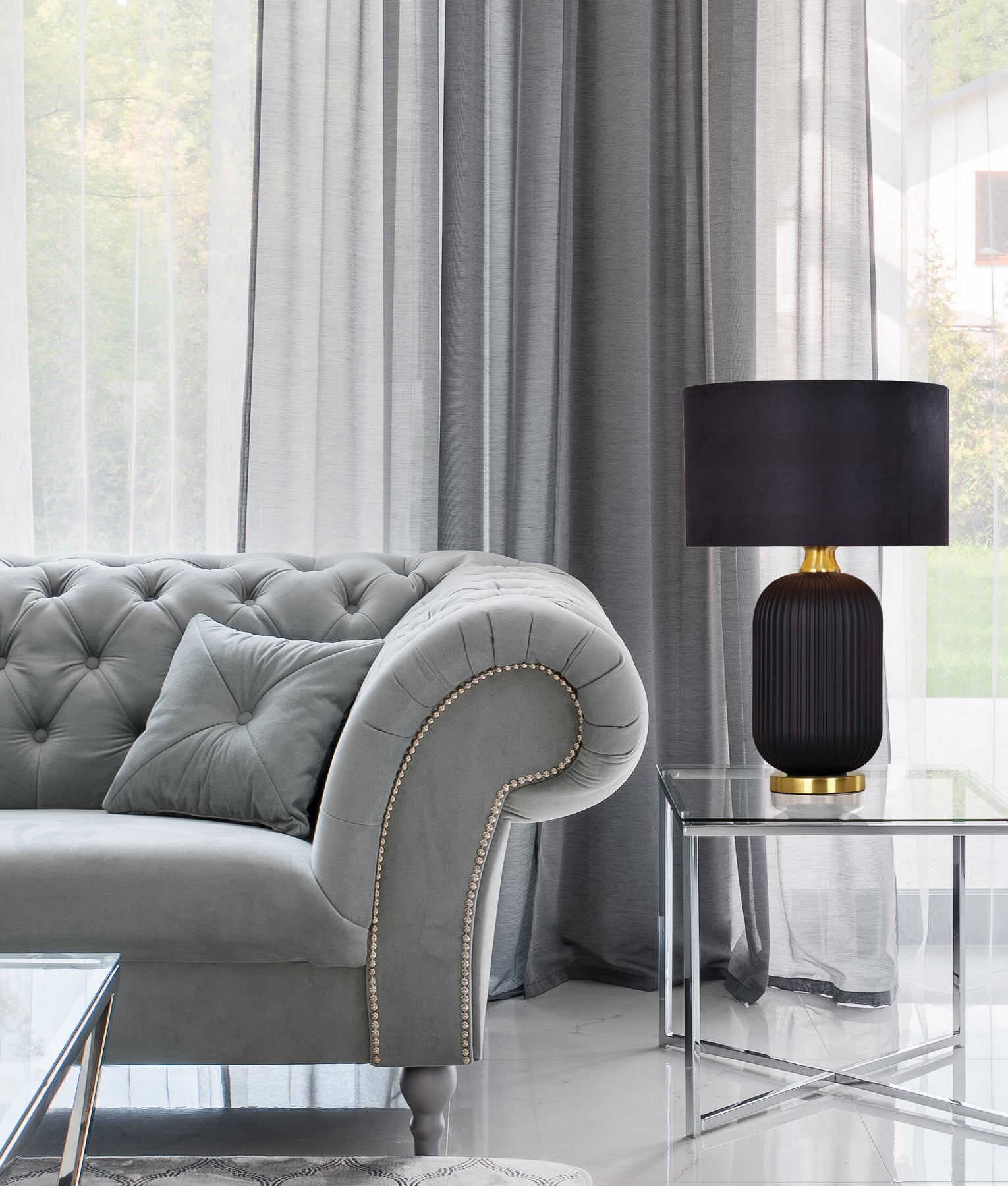 Modern Black Drum Shade Large Ceramic Base with Antique Brass Highlight Table Lamp