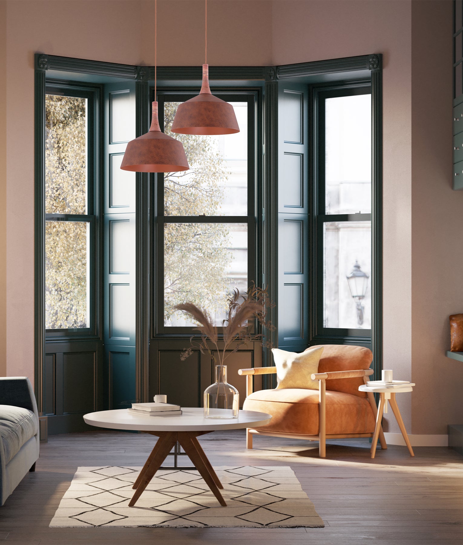 Interior Rustic Brown with Travertine Highlight Angled Dome Pendant Lights