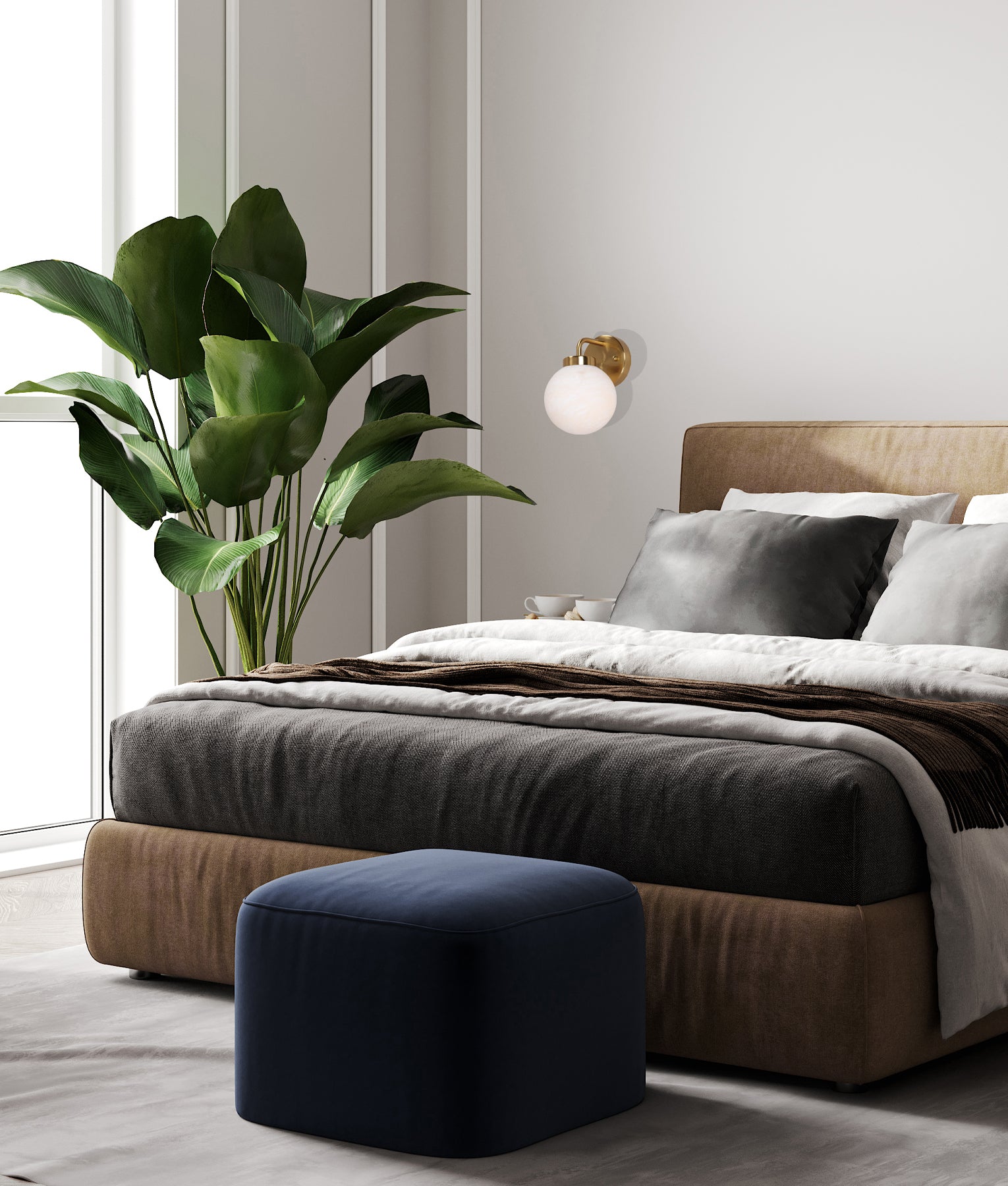 Interior Single Sphere Alabaster with Brass Highlight Round Base Wall Light