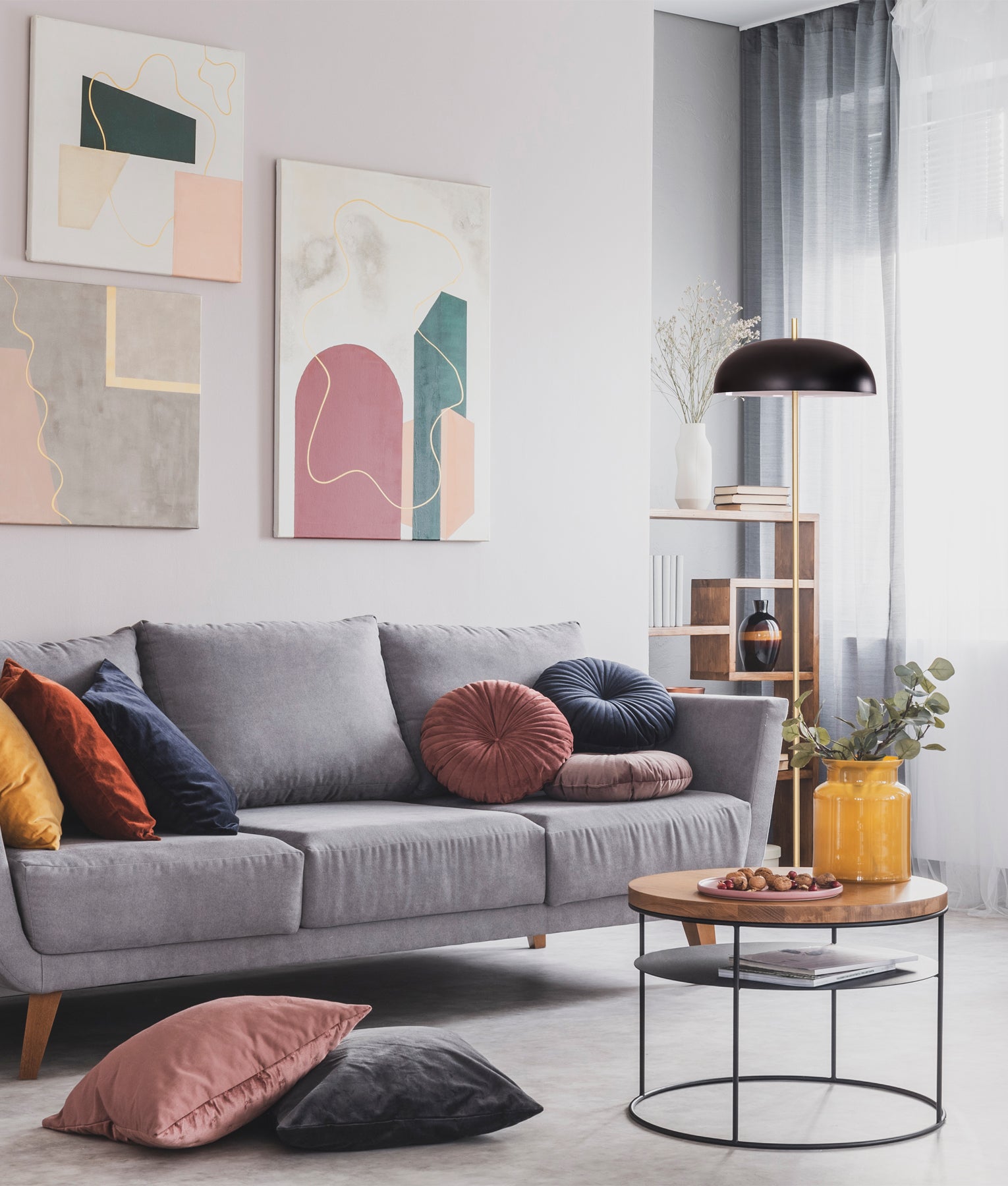 Modern Interior Black Dome Shade with Brass Rod Floor Lamp