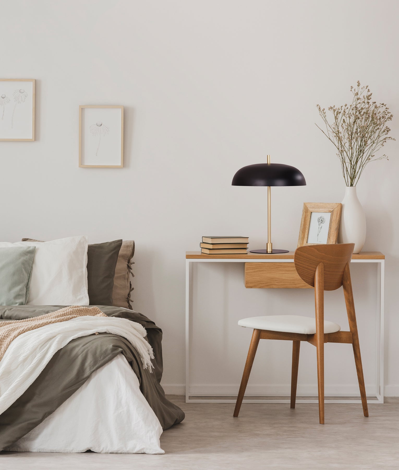 Modern Interior Black Dome Shade with Brass Rod Table Lamp