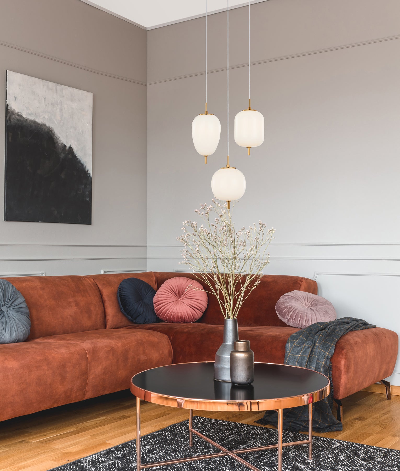 Interior Multiple Opal Matte / Smokey Black Mirror Finish Glass Pendant Lights