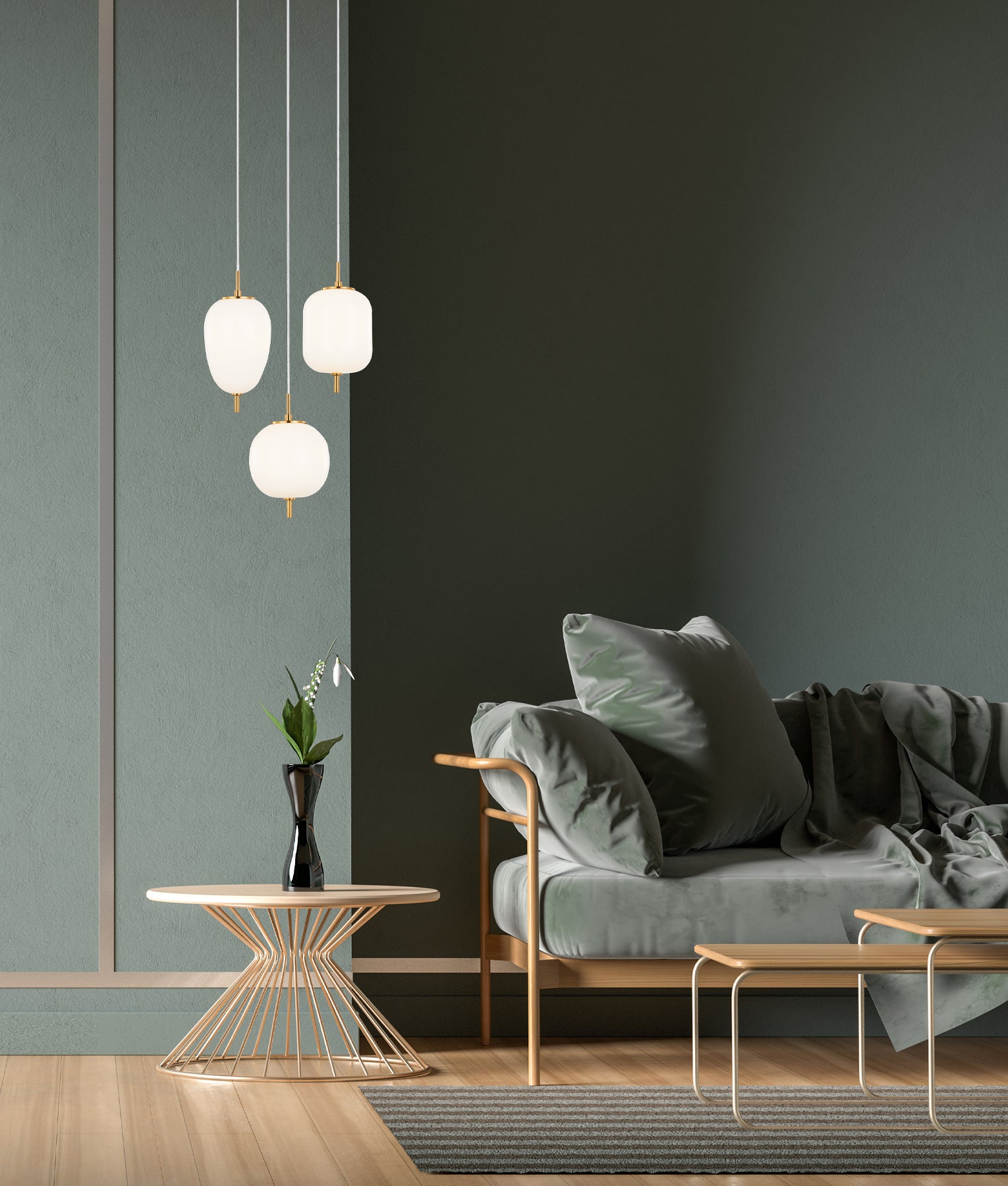 Interior Multiple Opal Matte / Smokey Black Mirror Finish Glass Pendant Lights