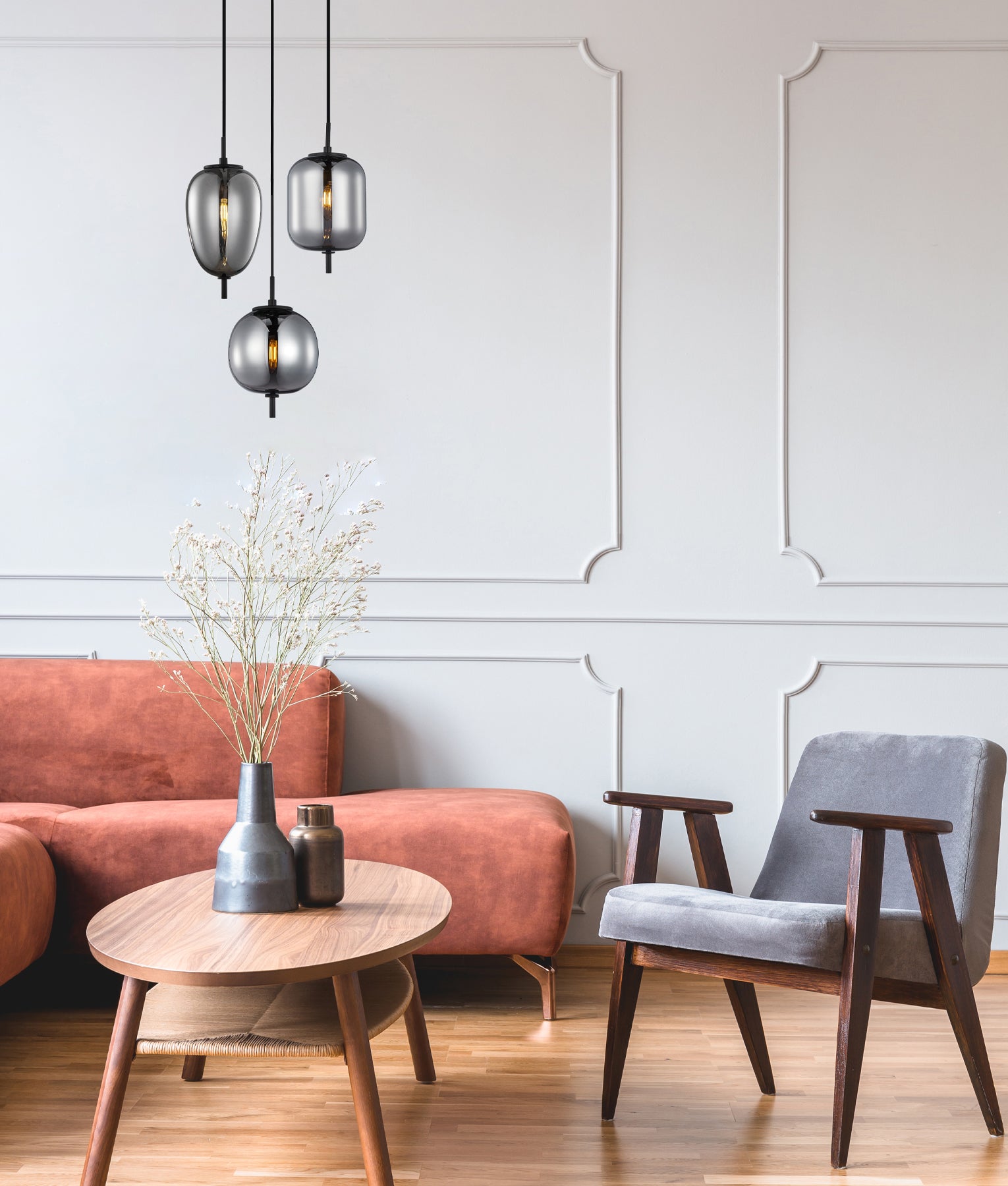 Interior Multiple Opal Matte / Smokey Black Mirror Finish Glass Pendant Lights