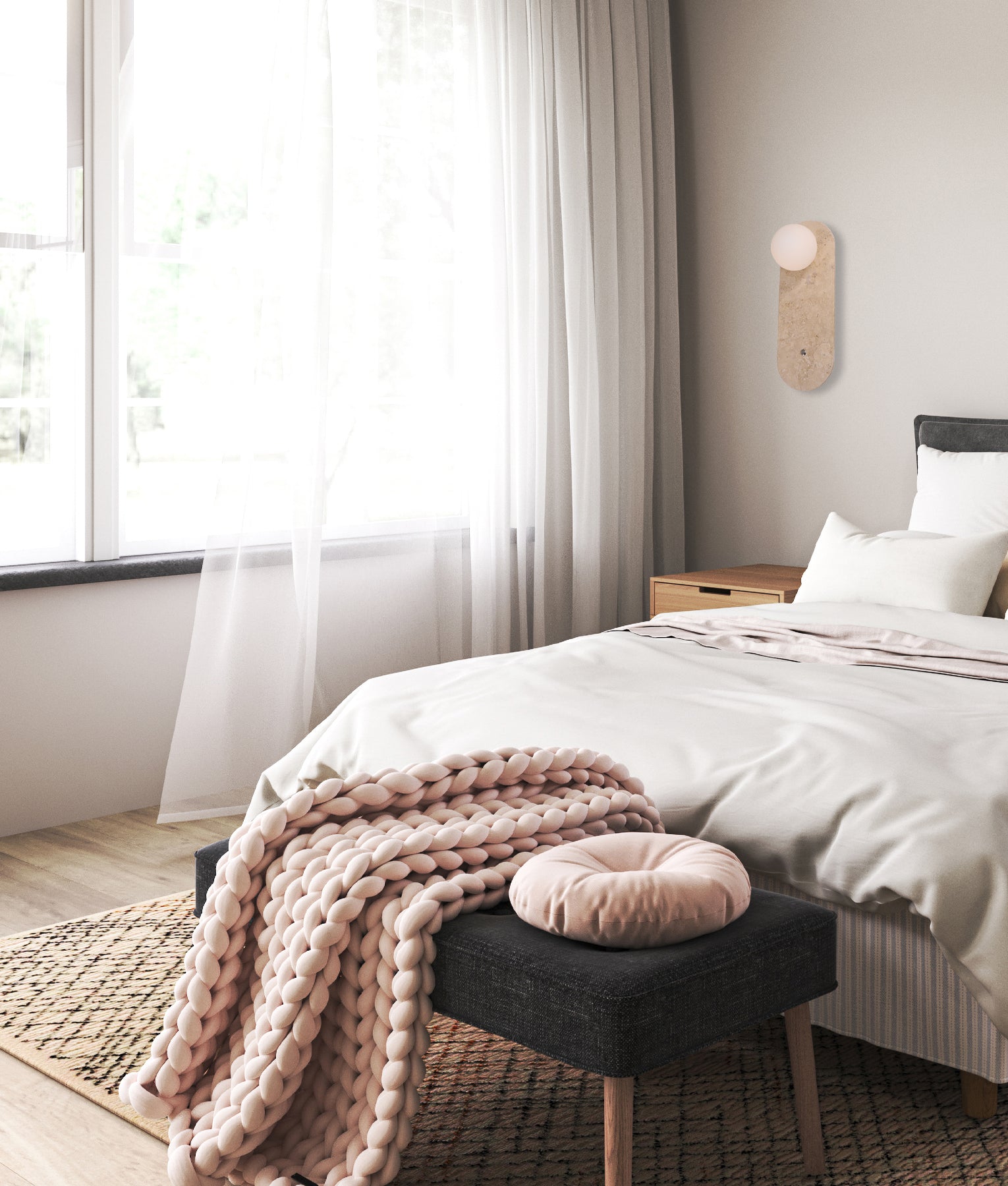 Interior Oblong Travertine Base with Beige Finish & Round Opal Diffuser Wall Light
