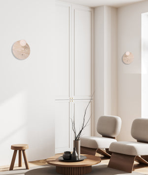 Interior Round Travertine Base with Beige Finish & Round Opal Diffuser Wall Light