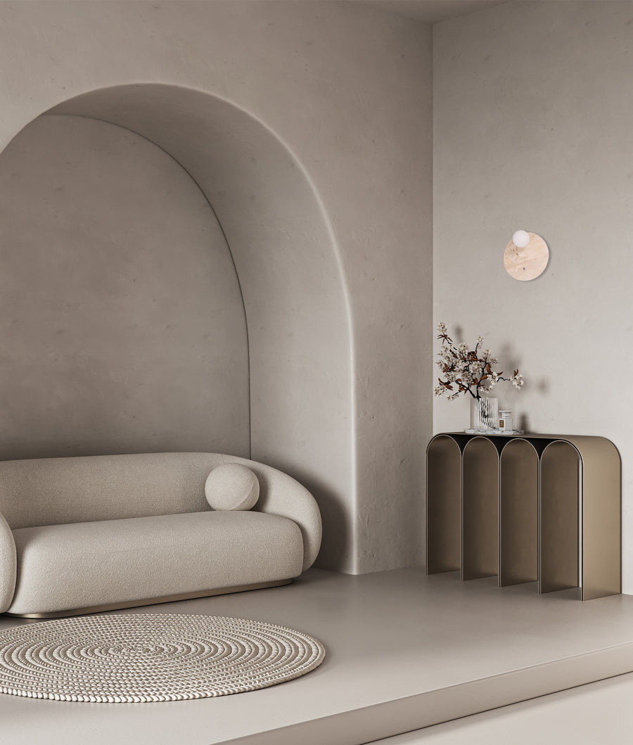 Interior Round Travertine Base with Beige Finish & Round Opal Diffuser Wall Light