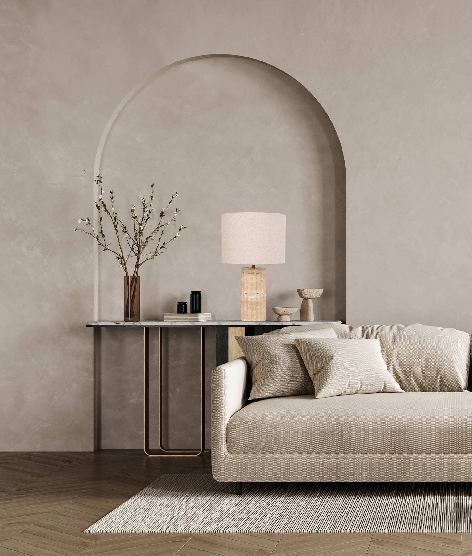 Beige Travertine Base Oblong Fabric Cream Shade Table Lamps