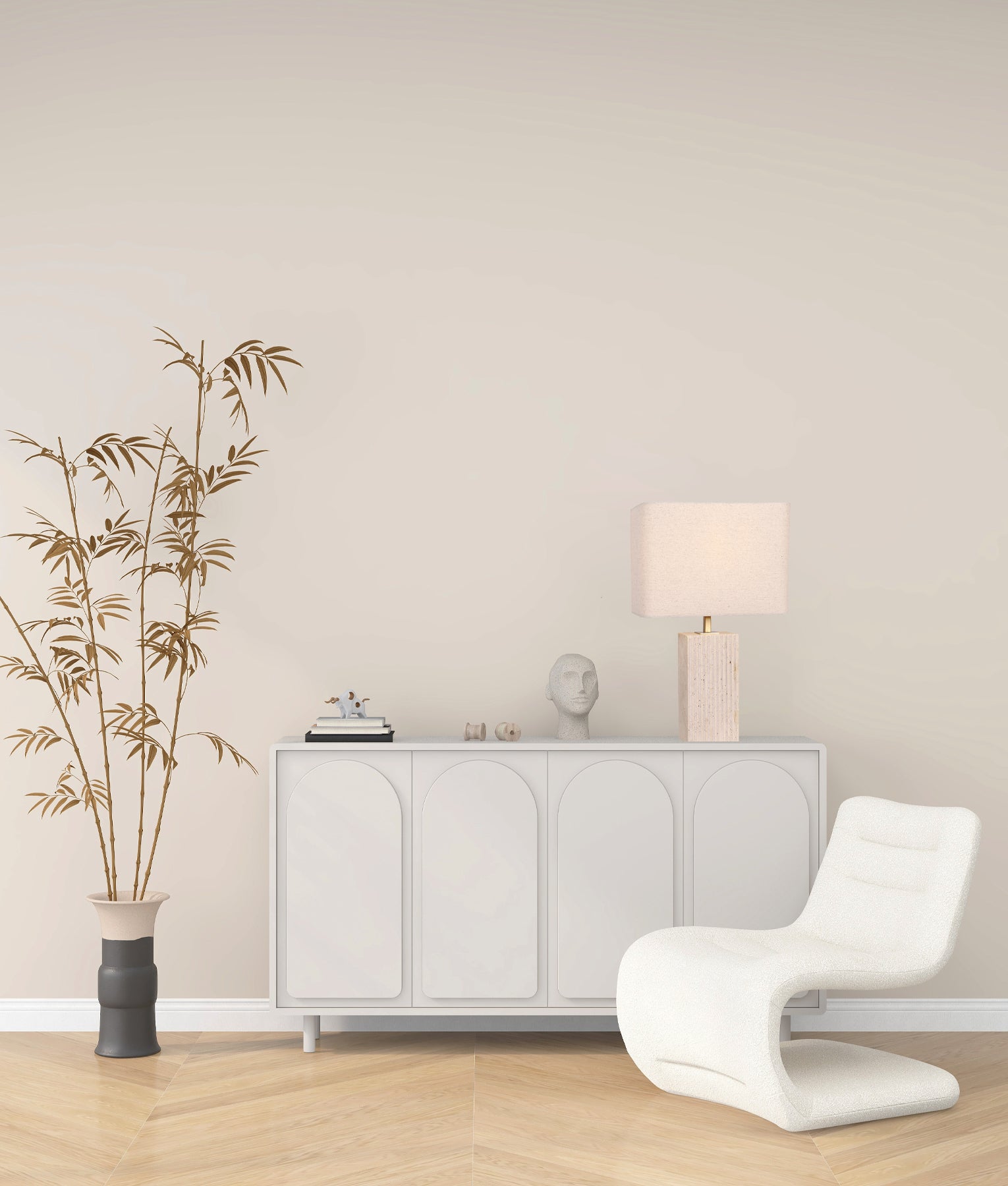 Beige Travertine Base Rectangular Fabric Cream Shade Table Lamps