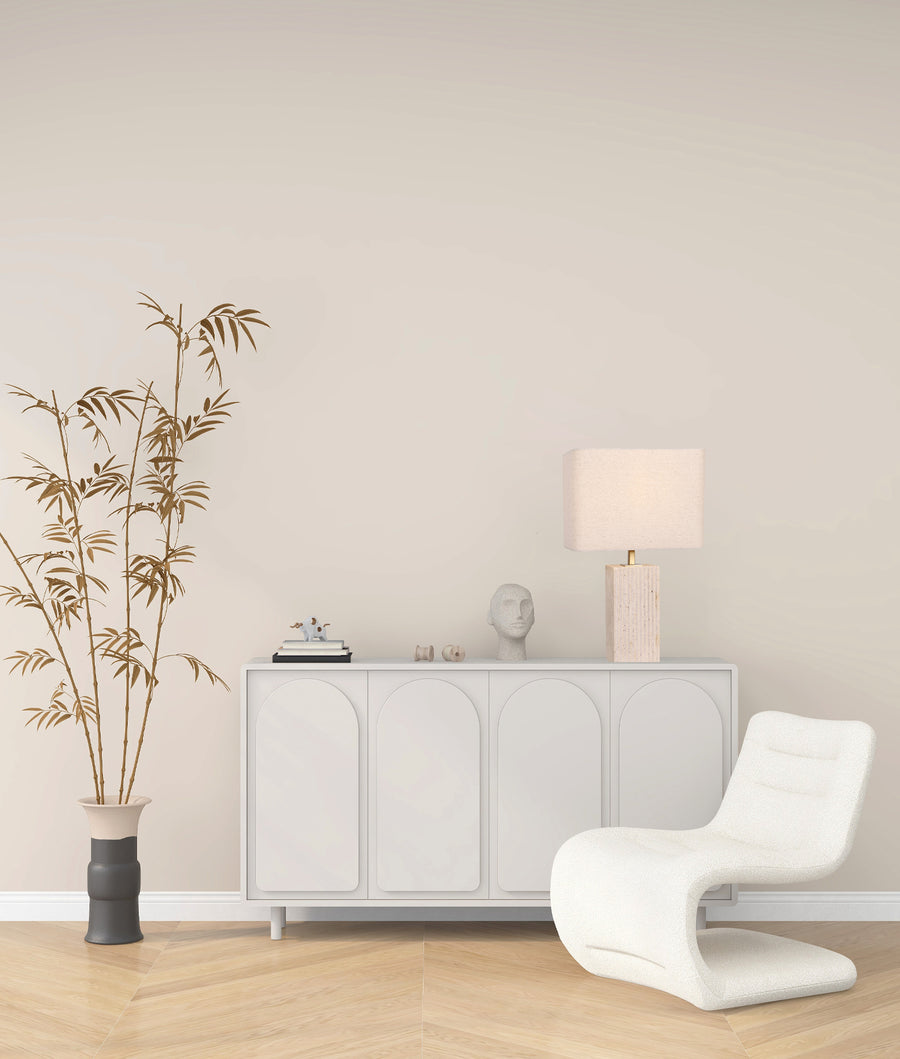 Beige Travertine Base Rectangular Fabric Cream Shade Table Lamps