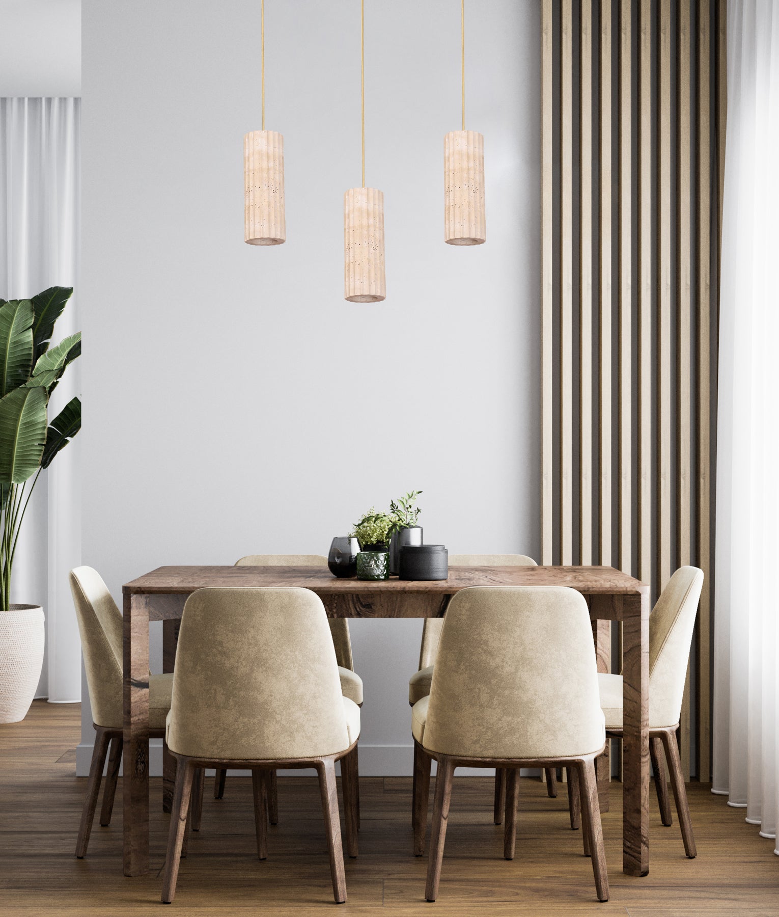 Modern Interior Oblong Beige Travertine with Brass Highlight Pendant Light