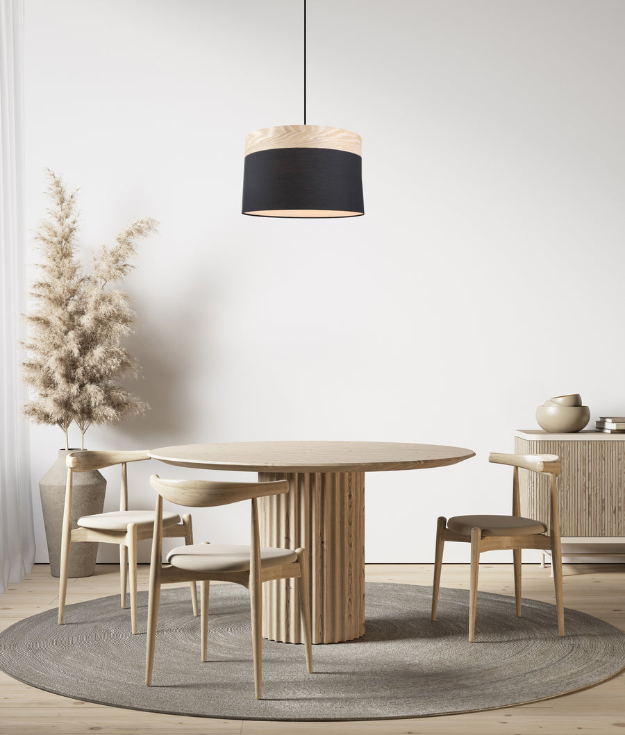 Traditional Scandinavian Large Drum Cloth Shade with Wood Veneer Trim Pendant Light