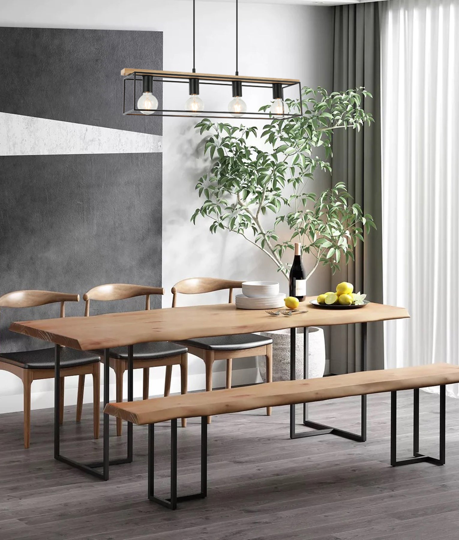 Retro Interior Rectangular Frame Wood with Black Hardware Pendant Light