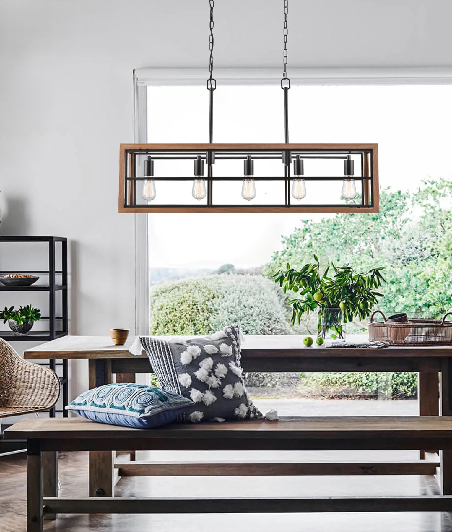 Retro Interior Rectangular Wood Frame Pendant Light