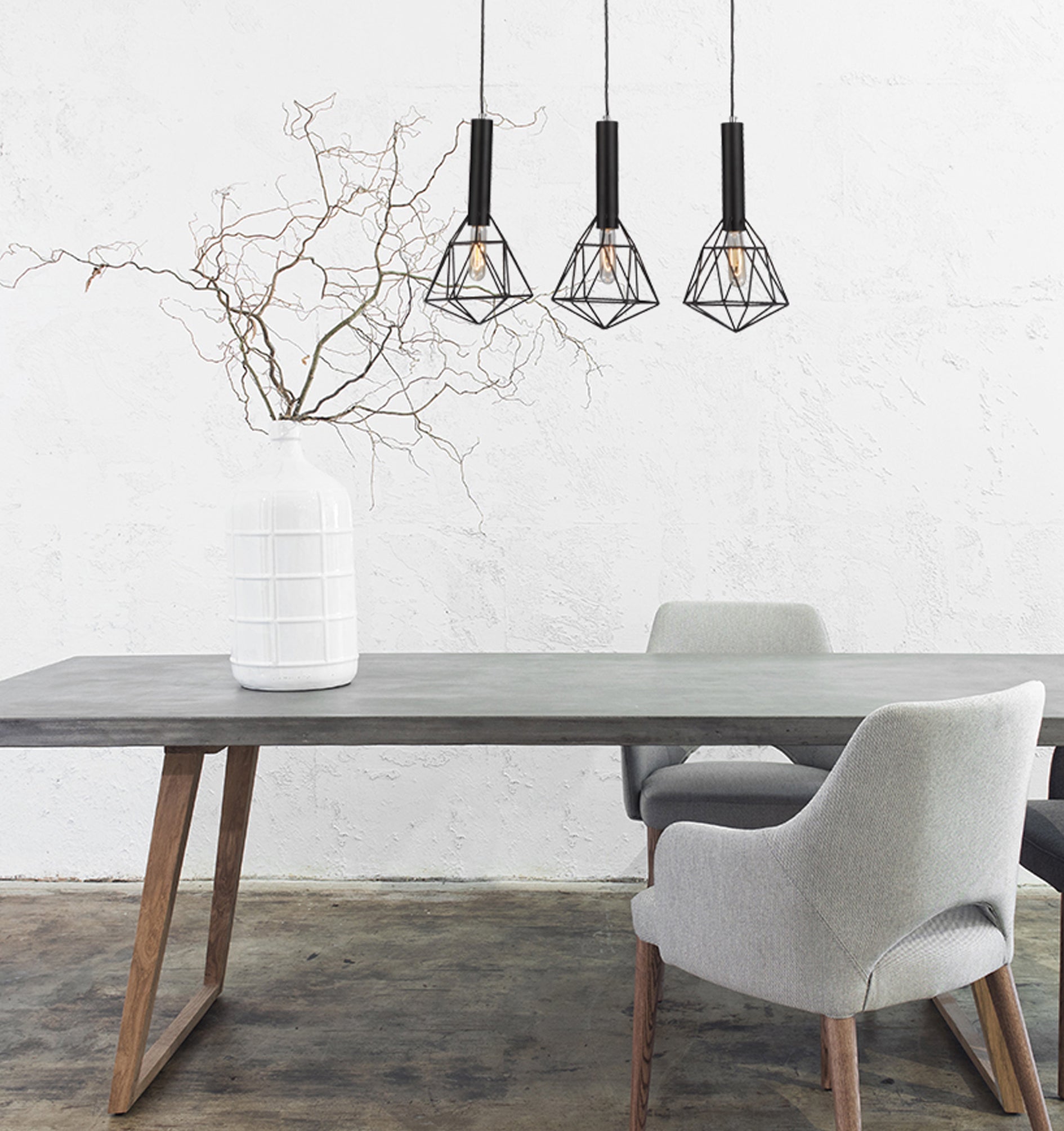 Industrial Modern Black or White Pendant Light  3x Bird Cage With Bar Base