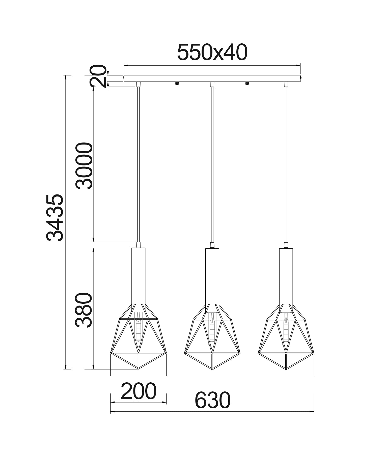 Industrial Modern Black or White Pendant Light  3x Bird Cage With Bar Base