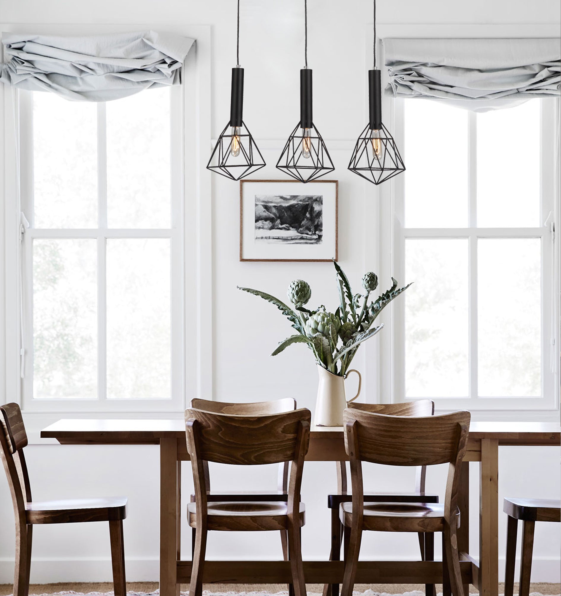 Industrial Modern Black or White Pendant Light  3x Bird Cage With Bar Base