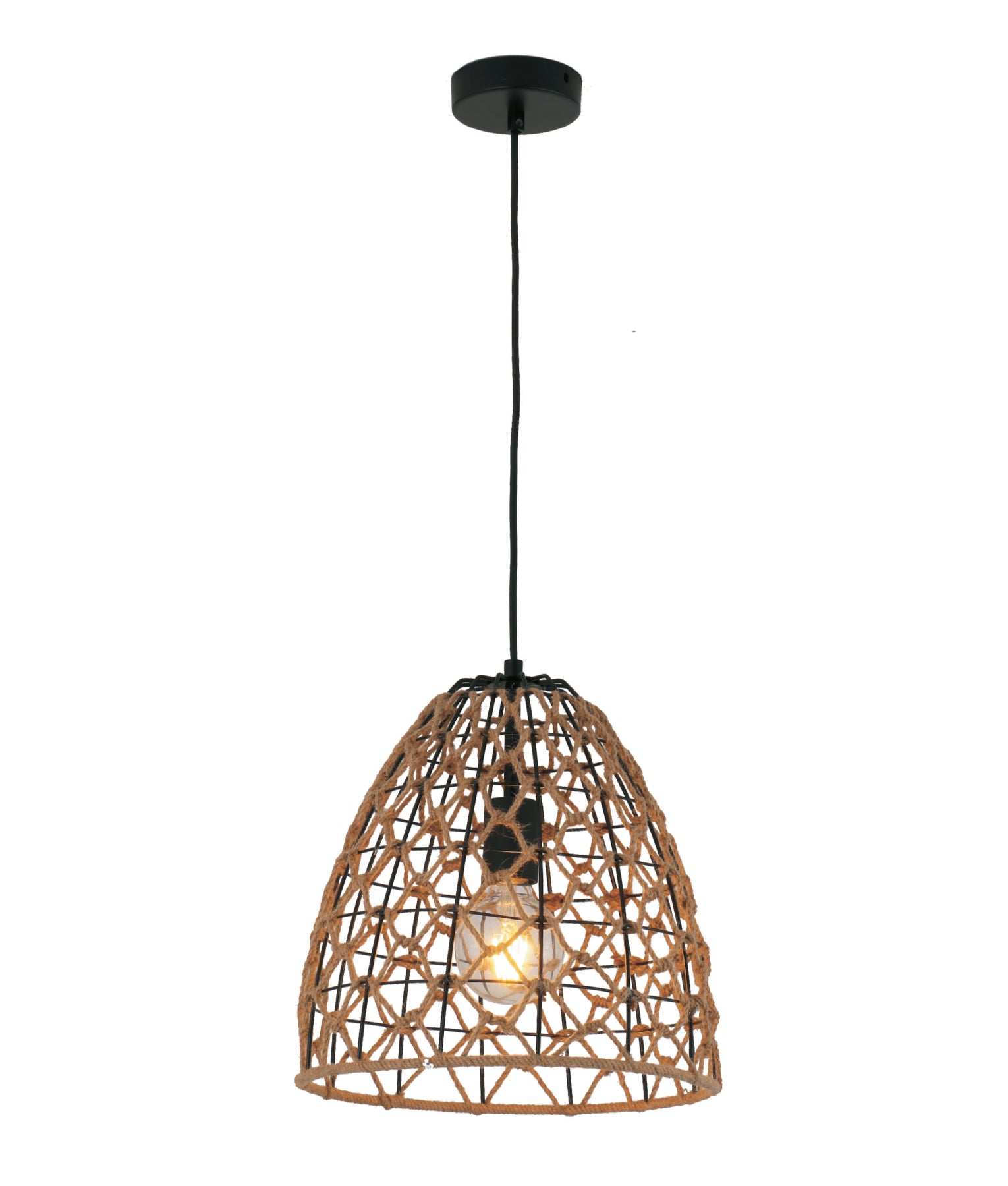 Bohemian Interior Natural Hemp Rope & Black Hardware Ellipse Pendant Light