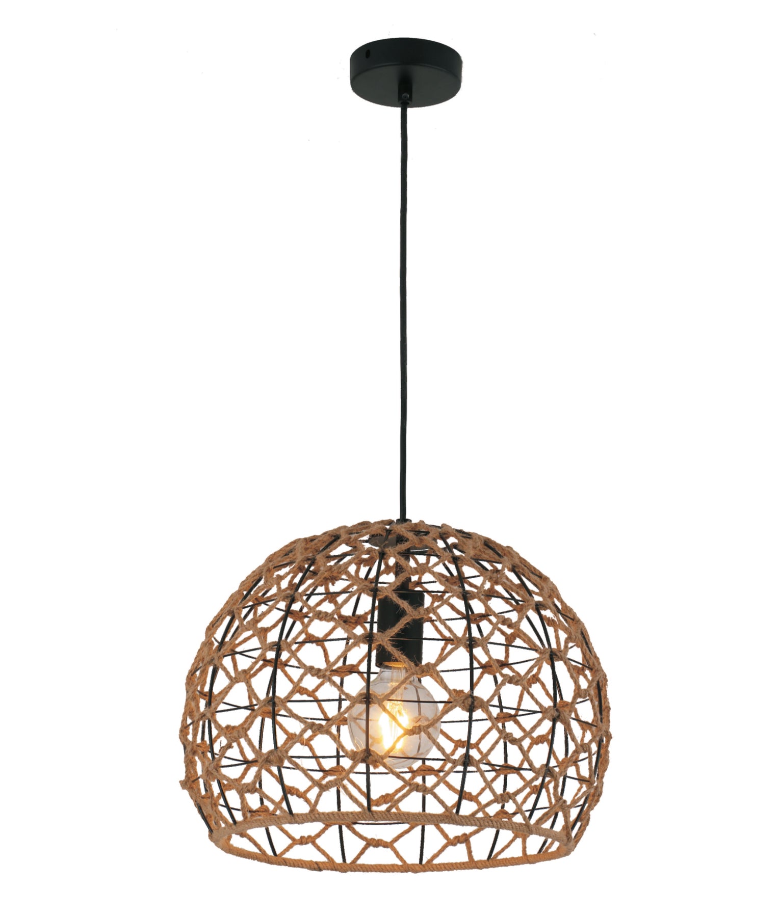 Bohemian Interior Natural Hemp Rope & Black Hardware Dome Pendant Light